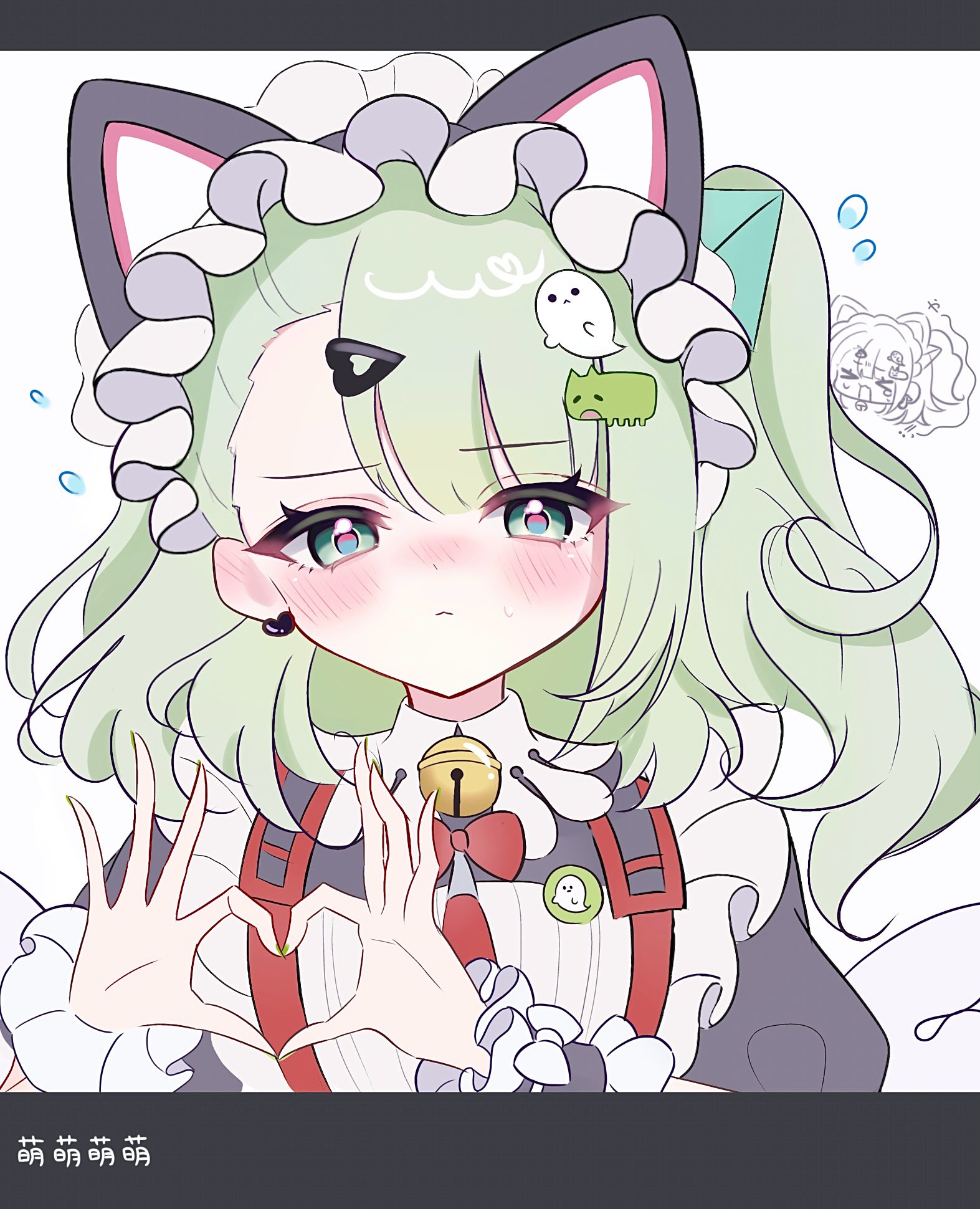 shino (uqwjl), sunna (zenless zone zero), zenless zone zero, highres, animal ear hairband, animal ears, bell, black dress, blush, cat ear hairband, cat ears, closed mouth, dress, earrings, fake animal ears, flying sweatdrops, four-finger heart hands, ghost hair ornament, green eyes, green hair, green nails, hair ornament, hairband, heart, heart earrings, heart hair ornament, heart hands, jewelry, looking at viewer, maid headdress, multiple hair clips, neck bell, official alternate costume, ponytail, portrait, red bag, simple background, sunna (afternoon tea break) (zenless zone zero), sweat, white background, white wings, wings