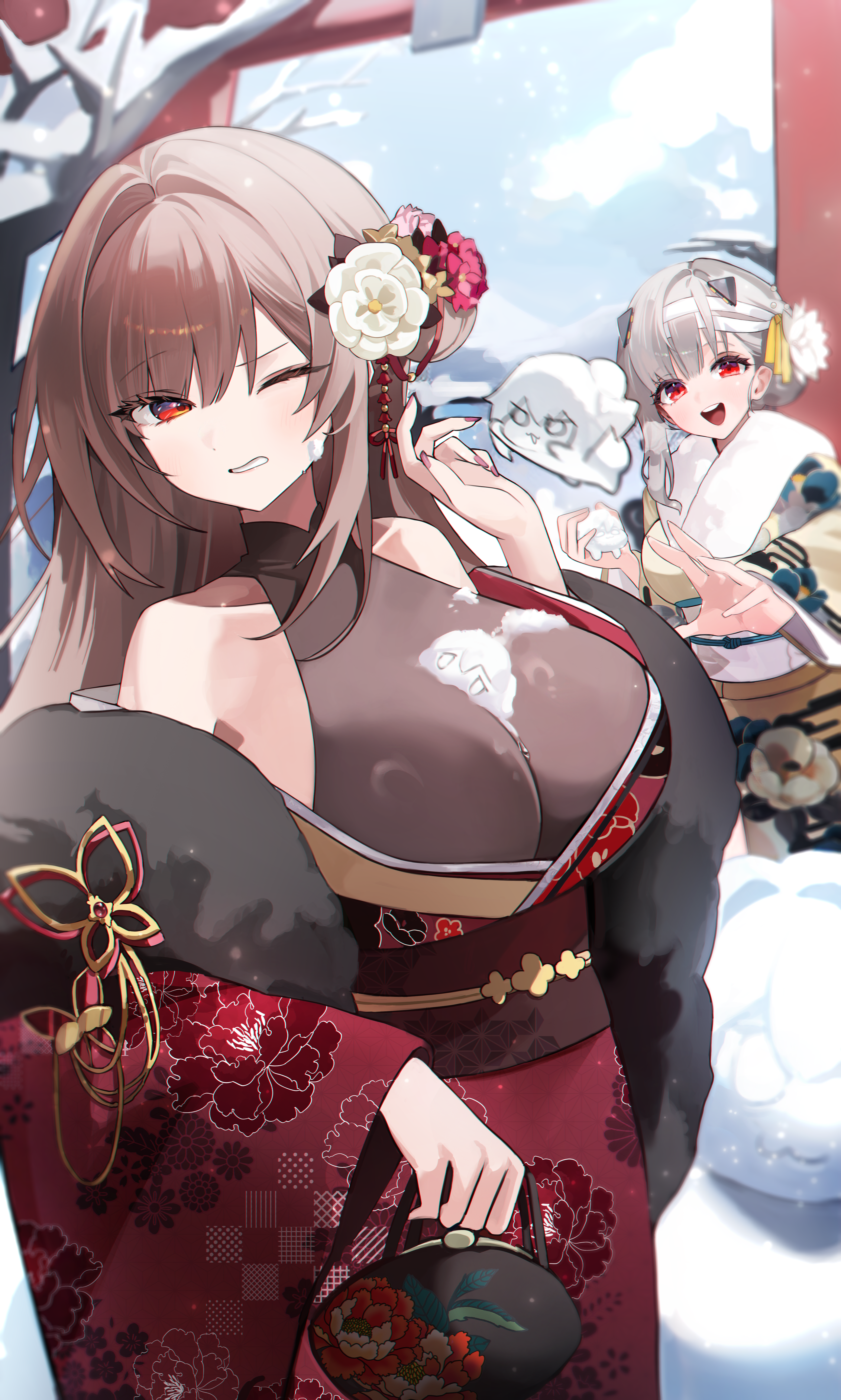 doro (nikke), modernia (nikke), rapi (nikke), goddess of victory: nikke, absurdres, commentary, commentary request, english commentary, highres, mixed-language commentary, 2girls, alternate costume, alternate hairstyle, bandaged head, bandages, breasts, brown hair, cleavage, floral print, floral print kimono, japanese clothes, kimono, large breasts, long hair, multicolored kimono, multiple girls, one eye closed, open mouth, print kimono, red eyes, red kimono, see-through cleavage, see-through clothes, snow, snowball, snowball fight, winter, winter clothes, wony (wonywmm)