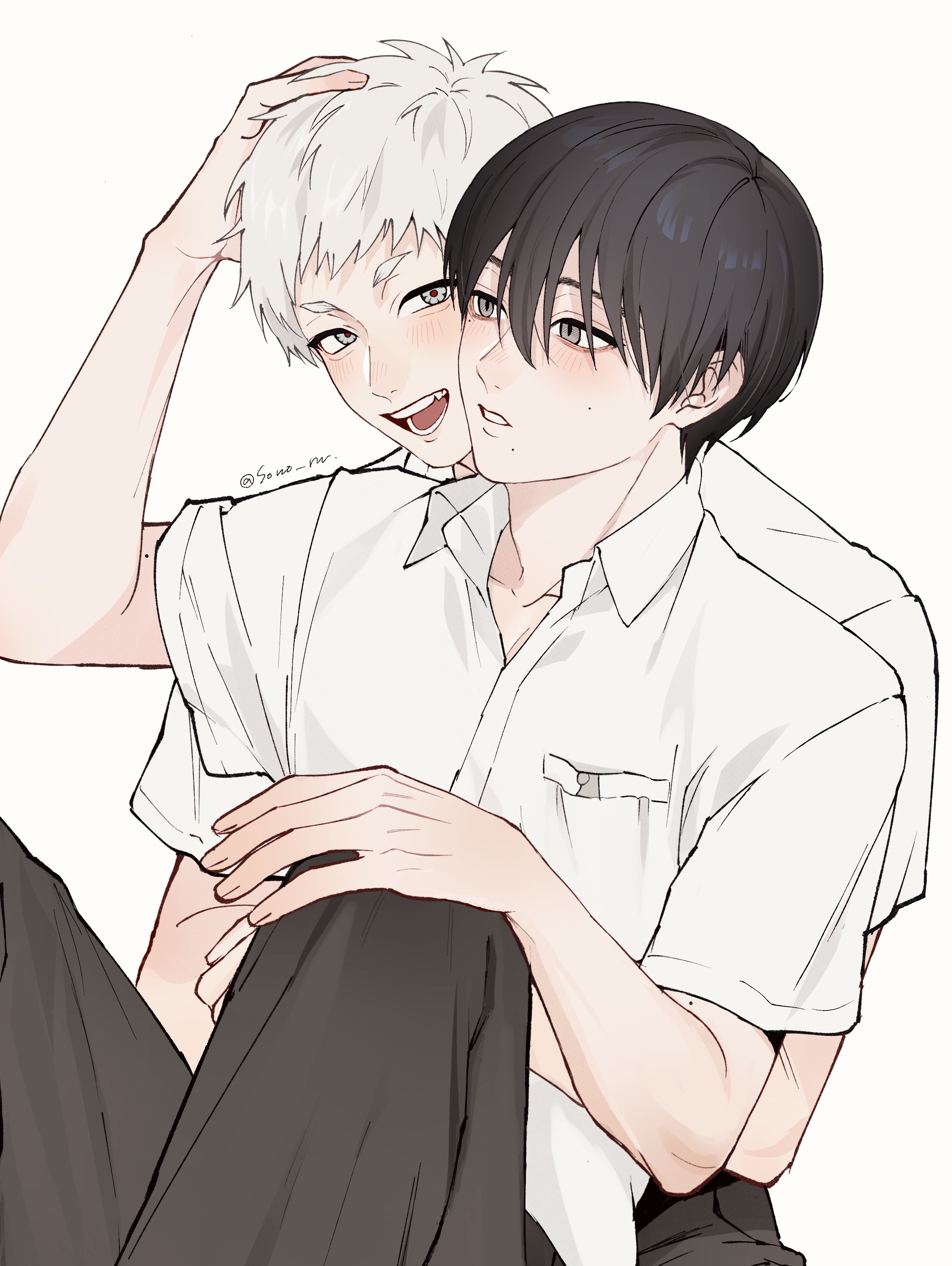 sono nu, indou hikaru, tsujinaka yoshiki, hikaru ga shinda natsu, absurdres, commentary request, highres, 2boys, arm around waist, black hair, collarbone, collared shirt, eye contact, grey eyes, grey pants, hand on another's head, hand on own knee, looking at another, looking to the side, male focus, multiple boys, open collar, open mouth, pants, parted lips, shirt, short sleeves, sideways glance, simple background, sitting, smile, teeth, white background, white hair, white shirt, yaoi