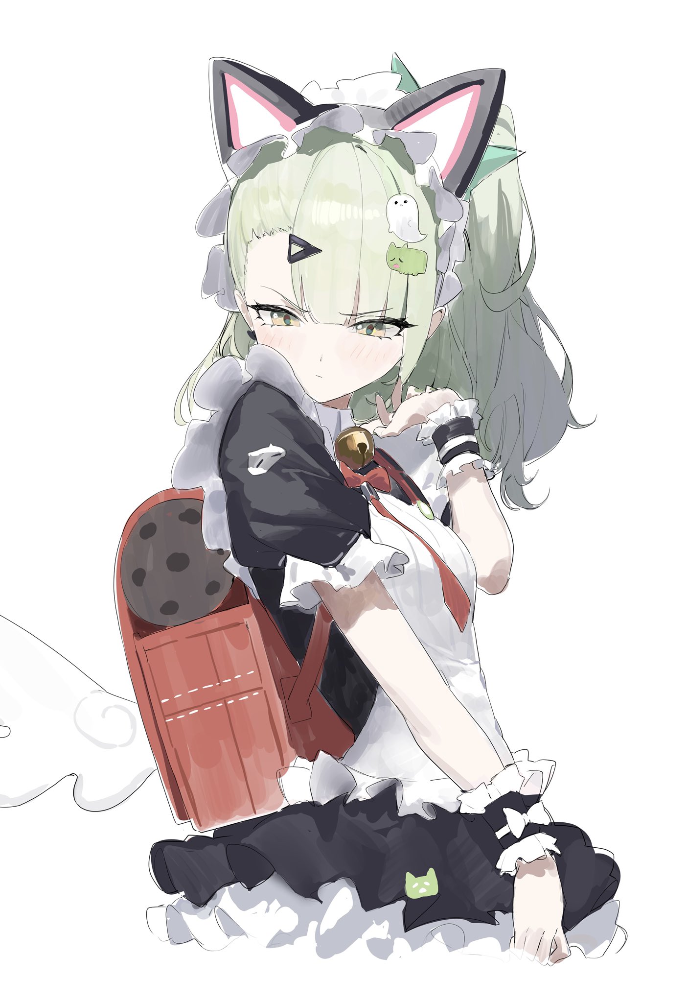 yu (ba9ama), sunna (zenless zone zero), zenless zone zero, commentary, highres, symbol-only commentary, 1girl, animal ears, apron, backpack, bag, bell, blush, dress, fake animal ears, frills, green hair, hair ornament, hairclip, maid, maid headdress, medium hair, neck bell, red bag, short sleeves, simple background, solo, sunna (afternoon tea break) (zenless zone zero), white background, wrist cuffs