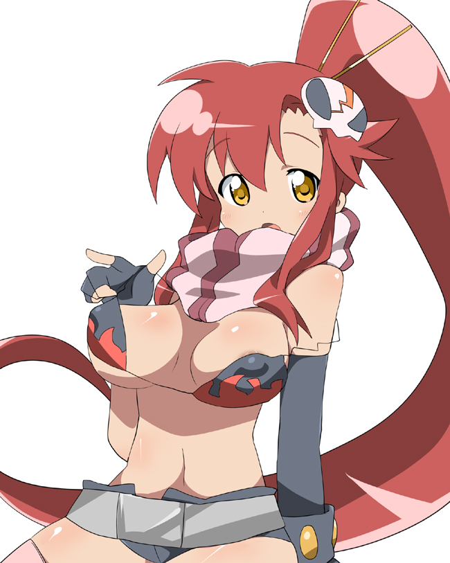 meiro (yuu), yoko littner, tengen toppa gurren lagann, bad id, bad pixiv id, 00s, 1girl, areola slip, bikini, bikini top only, bra, breasts, breasts apart, covered erect nipples, female focus, fingerless gloves, gloves, large breasts, lingerie, looking at viewer, open mouth, orange eyes, ponytail, red hair, scarf, shorts, sitting, solo, strap slip, swimsuit, thighhighs, underwear