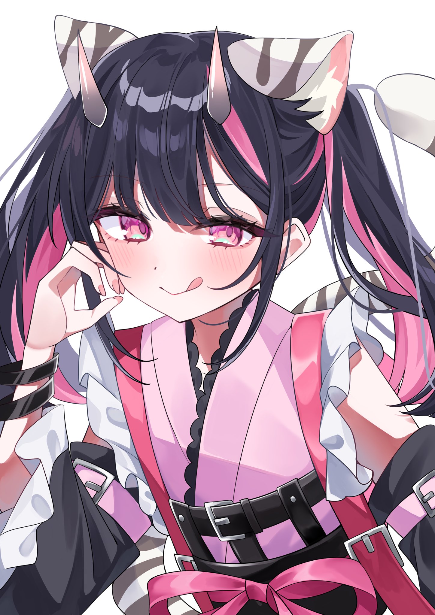 ooo00 cha, komazawa noi, commentary request, highres, 1boy, :q, animal ear fluff, animal ears, black hair, blunt bangs, bracelet, cho kaguya-hime!, closed mouth, crossdressing, crossdressing (mtf), hand up, japanese clothes, jewelry, kimono, long hair, long sleeves, looking at viewer, male focus, multicolored hair, pink eyes, pink kimono, simple background, smile, solo, streaked hair, tail, tiger ears, tiger tail, tongue, tongue out, trap, twintails, upper body, white background