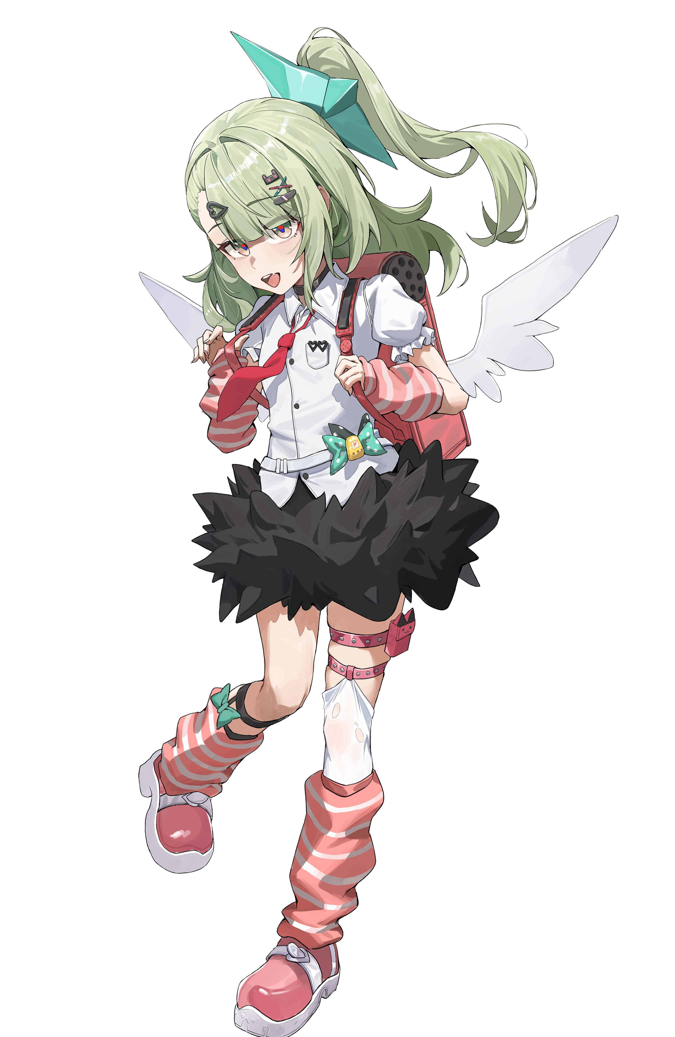 vaineonline, sunna (zenless zone zero), zenless zone zero, absurdres, commentary request, highres, 1girl, arm warmers, bandaid, bandaid hair ornament, black skirt, fang, frilled sleeves, frills, fur-trimmed skirt, fur trim, green eyes, green hair, hair ornament, leg up, leg warmers, looking at viewer, multiple hair clips, multiple thigh straps, necktie, open mouth, pink arm warmers, pink bag, pink leg warmers, pink shoes, ponytail, red necktie, shirt, shoes, simple background, skin fang, skirt, solo, standing, standing on one leg, striped arm warmers, striped leg warmers, thigh strap, white background, white shirt, white wings, winged bag, wings