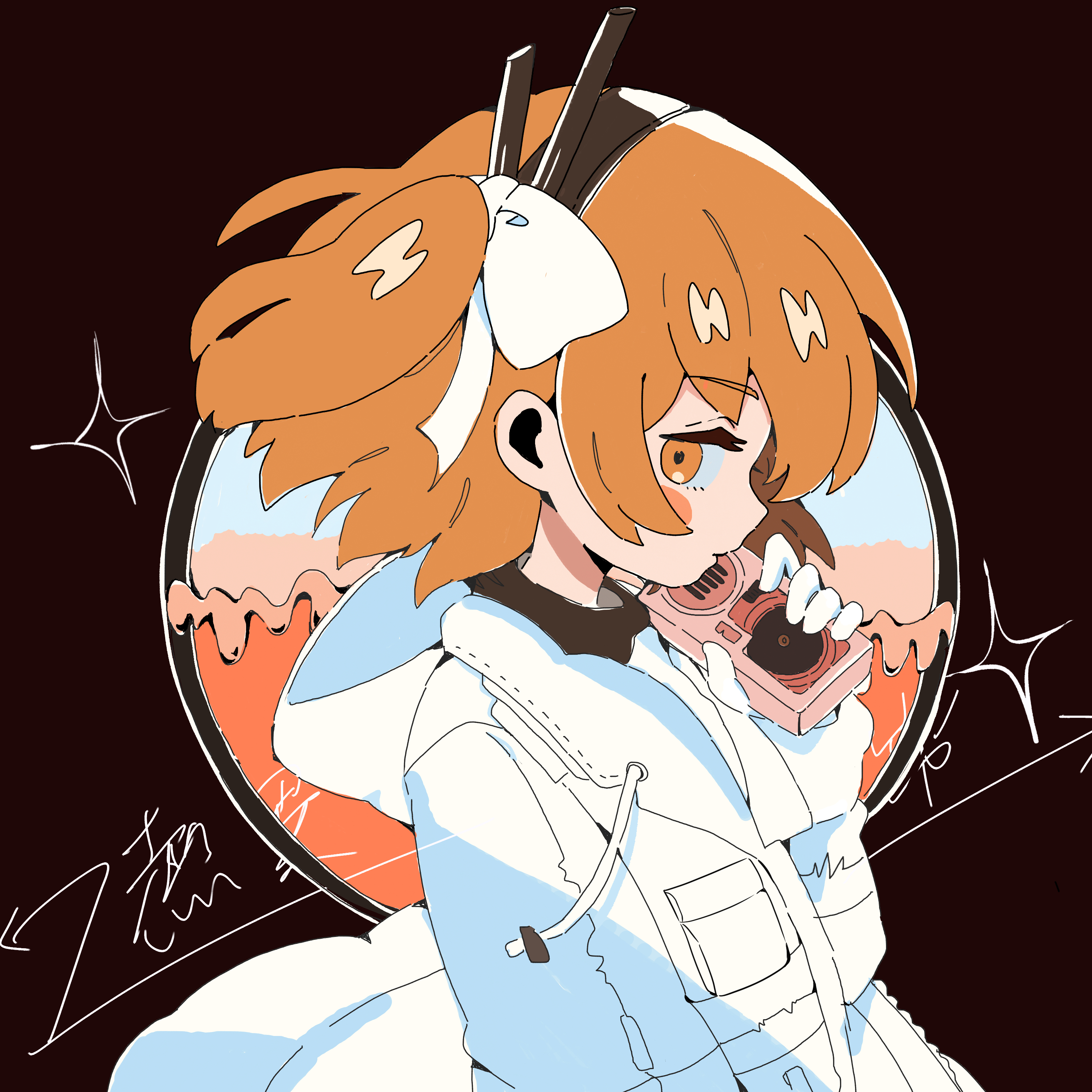 adachi rei, a.i. voice, netsu ijou (utau), utau, absurdres, commentary, highres, 1girl, akiramaru, drawstring, from side, gloves, holding, hood, hood down, hooded jacket, jacket, looking at viewer, one side up, orange eyes, orange hair, profile, sideways glance, solo, upper body, white gloves, white jacket