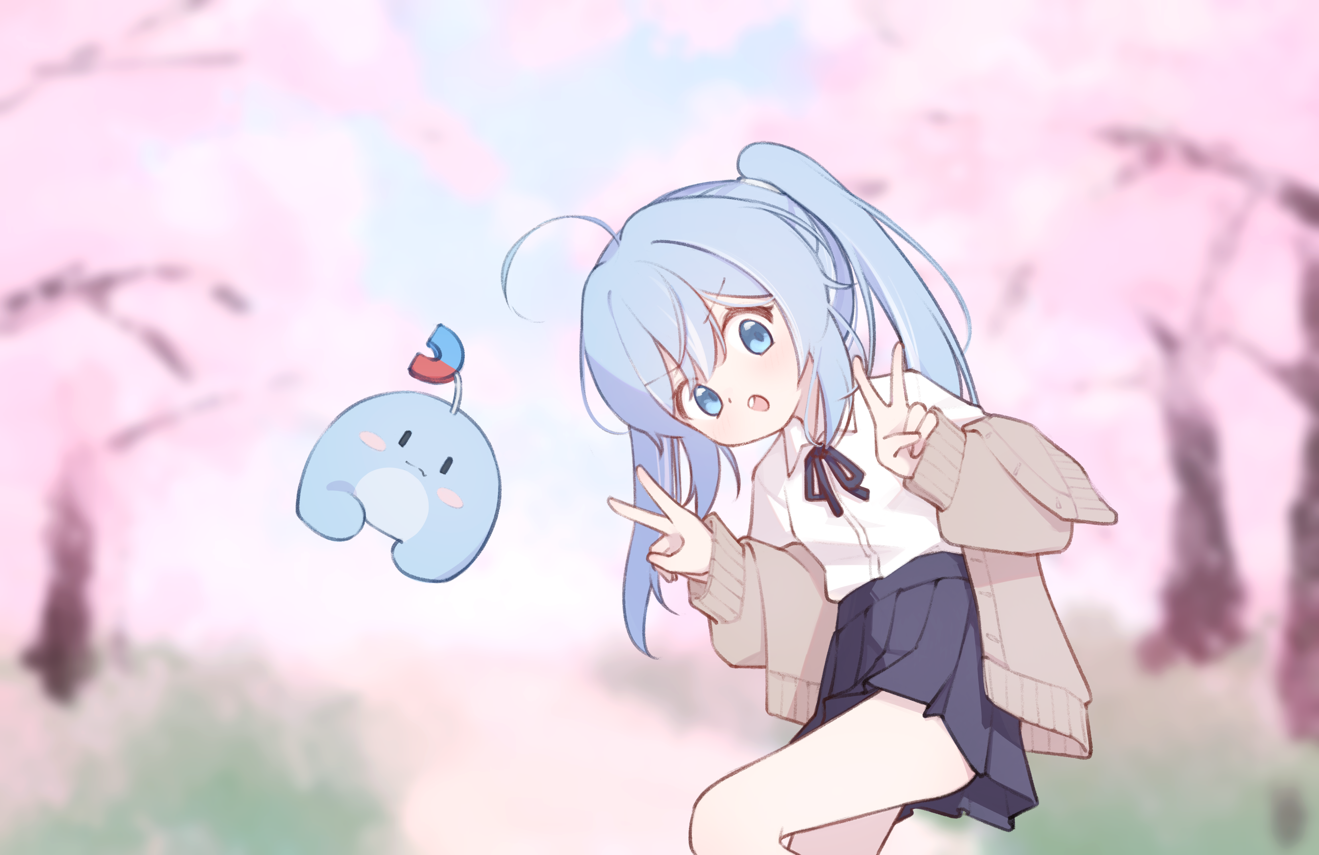 electromocha, arahashi tabi, eous (zenless zone zero), pungdangi (arahashi tabi), stellive, absurdres, commentary request, highres, korean commentary, 1girl, :o, ahoge, black ribbon, black skirt, blue eyes, blue hair, blurry, blurry background, brown cardigan, cardigan, cardigan partially removed, cherry blossoms, collared shirt, cowboy shot, creature, day, depth of field, double-parted bangs, double v, hands up, leg up, long hair, looking at viewer, miniskirt, multicolored hair, neck ribbon, outdoors, pleated skirt, ribbon, school uniform, shirt, shirt tucked in, skirt, solo, standing, streaked hair, twintails, v, v-shaped eyebrows, virtual youtuber, white shirt, wing collar