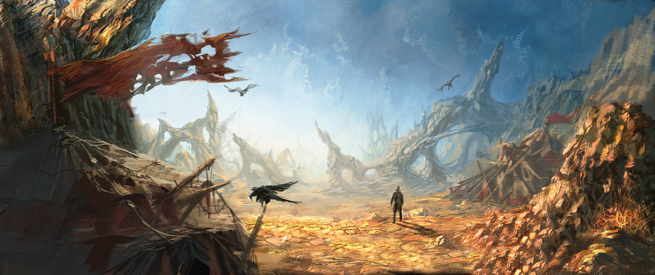 tera online, concept art, 1boy, arch, day, desert, full body, male focus, outdoors, scenery, silhouette, standing, very wide shot