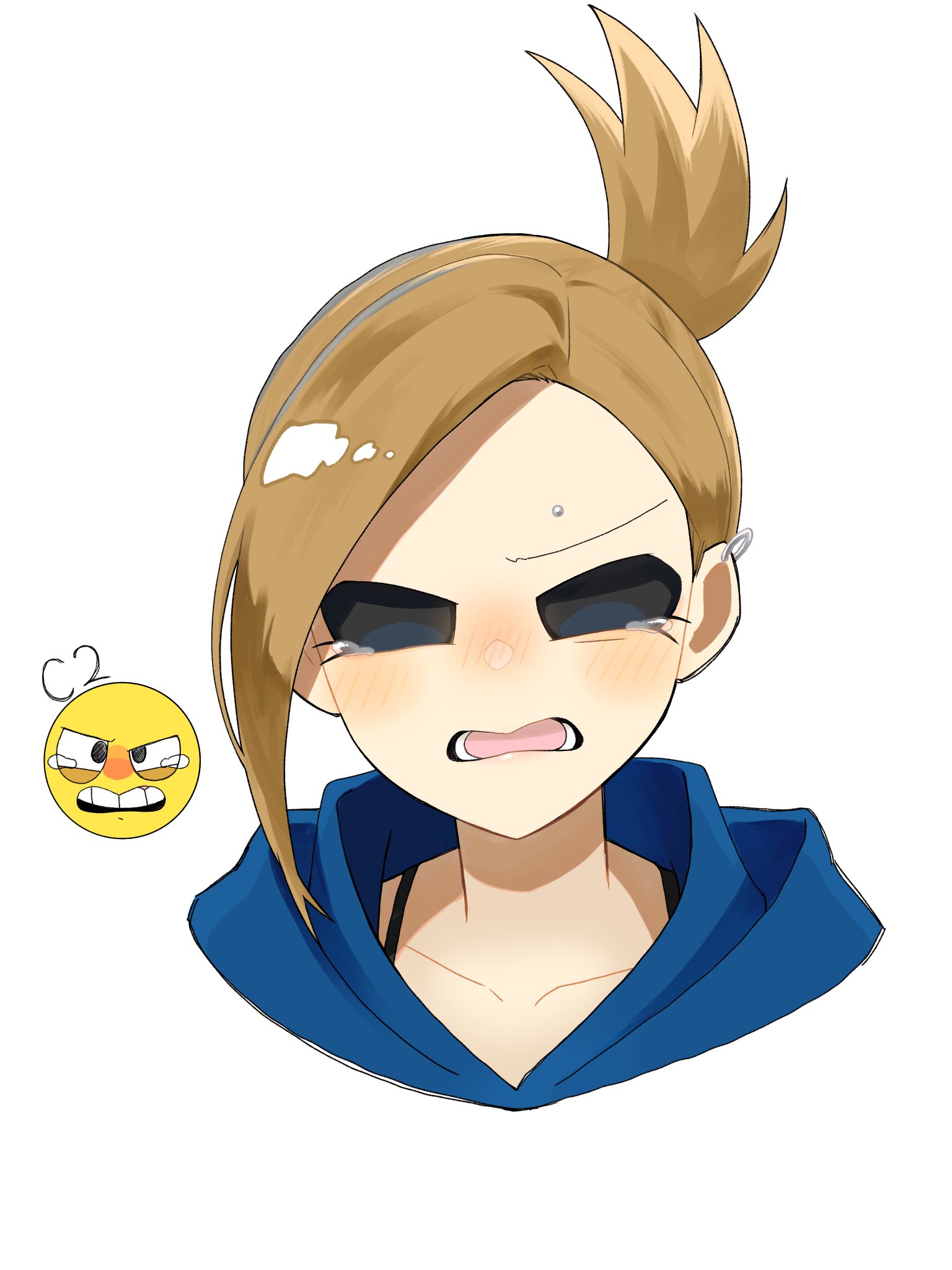 eddsworld, commentary request, highres, 1girl, animification, blue hoodie, blush, brown hair, cropped shoulders, crying, crying with eyes open, earrings, eyebrow piercing, face piercing, hollow eyes, hood, hood down, hoodie, jewelry, looking at viewer, open mouth, piercing, reference inset, roshii (ionlw0gynh24926), simple background, solo, tamara (eddsworld), tears, topknot, white background