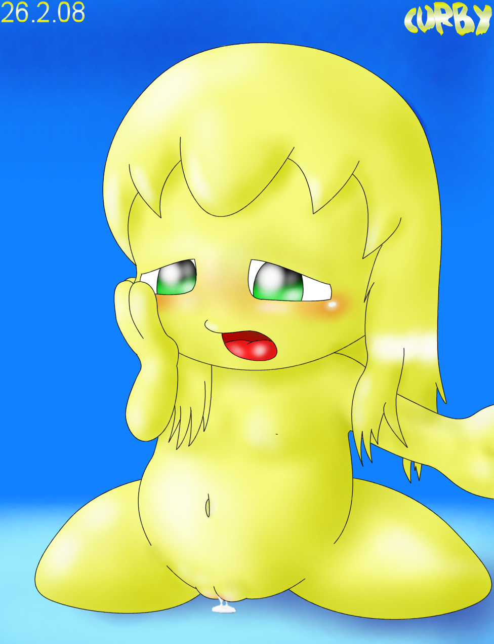 kirby, tiff, kirby (series), nintendo, highres, tagme, blonde hair, colored skin, green eyes, loli, open mouth, pregnant, pussy, yellow skin