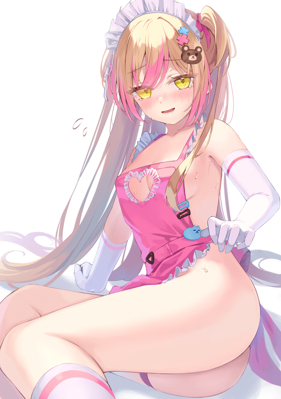 akie (44265104), original, commentary, highres, 1girl, apron, arm support, ass, bear hair ornament, blonde hair, blush, breasts, cleavage cutout, clothing cutout, elbow gloves, feet out of frame, frilled apron, frills, gloves, hair ornament, hair spread out, heart cutout, long hair, looking at viewer, maid headdress, medium breasts, multicolored hair, naked apron, nervous smile, parted bangs, parted lips, pink apron, reclining, sideboob, simple background, smile, solo, streaked hair, sweat, twintails, very long hair, white background, white gloves, x hair ornament, yellow eyes