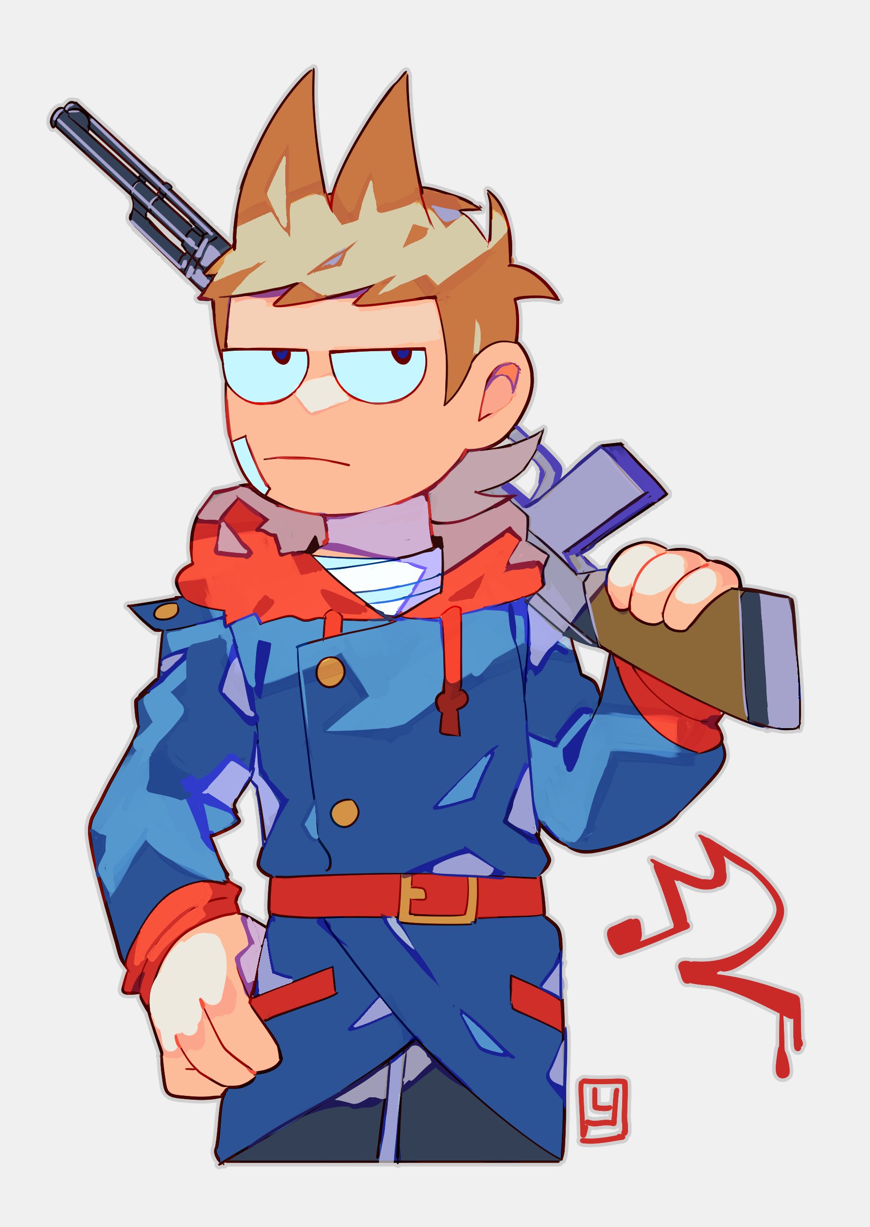 red leader (eddsworld), eddsworld, absurdres, highres, 1boy, antenna hair, bandage on cheek, bandaged neck, bandages, black eyes, black pants, blue coat, brown hair, buttons, coat, cropped legs, drawstring, fewer digits, flipped hair, gun, hair ears, hand on own hip, holding, holding gun, holding weapon, hood, hood down, hoodie, jitome, long sleeves, looking at viewer, male focus, official style, pants, plain epaulettes, red army logo (eddsworld), red hoodie, red scarf, scarf, short hair, simple background, solo, toon (style), tord (eddsworld), weapon, white background, yasunoe0