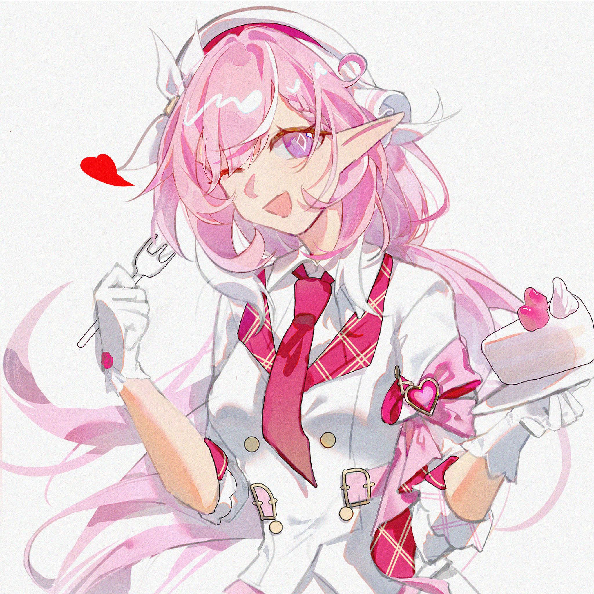 elysia (hi love elf) (honkai impact), elysia (honkai impact), honkai (series), honkai impact 3rd, chinese commentary, commentary request, highres, 1girl, ;o, beret, breasts, cake, cake slice, diamond-shaped pupils, diamond (shape), dress, elf, food, fork, gloves, hat, holding, holding fork, holding plate, long hair, looking at viewer, medium breasts, multicolored hair, one eye closed, pink hair, plate, pointy ears, purple eyes, simple background, smile, solo, symbol-shaped pupils, tide (xiaohongshu 49681450903), two-tone hair, very long hair, white background, white dress, white gloves, white hair