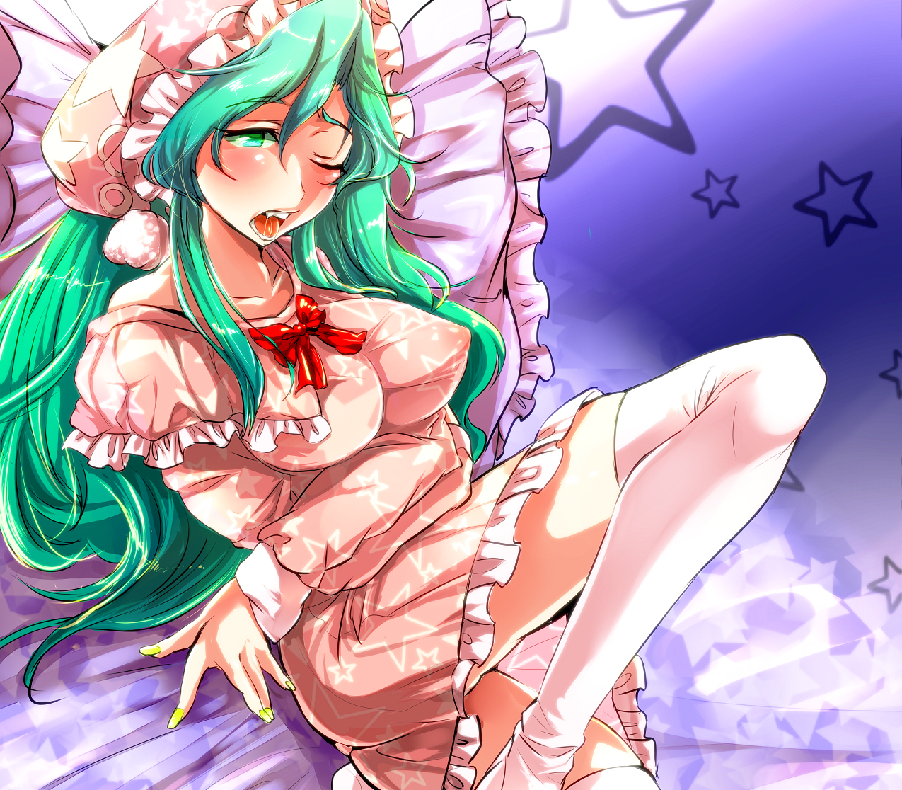 enigma (odd15), kazami yuuka, kazami yuuka (pc-98), lotus land story, touhou, touhou (pc-98), bad id, bad pixiv id, 1girl, blush, breasts, female focus, green hair, hat, large breasts, long hair, lying, nail polish, nightgown, one eye closed, open mouth, pillow, solo, star (symbol), thighhighs, white thighhighs, wink, yellow nails