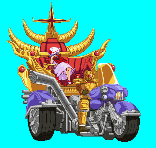 yomhi, remilia scarlet, souther, hokuto no ken, m.u.g.e.n, touhou, vehicle, bad id, bad pixiv id, 1boy, 1girl, blue background, cape, crossed legs, crossover, hat, helmet, motor vehicle, motorcycle, pixel art, purple hair, short hair, simple background, sitting, three-wheeler, throne, trike