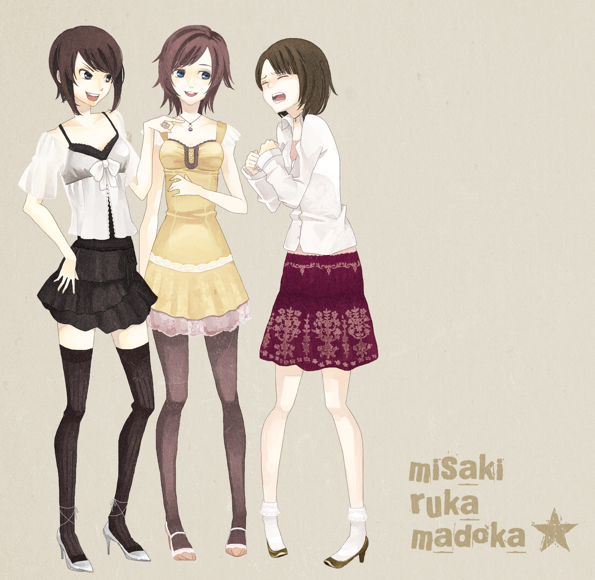 asou misaki, minazuki ruka, tsukimori madoka, fatal frame, fatal frame: mask of the lunar eclipse, striped legwear, vertical-striped legwear, highres, 3girls, ankle socks, black eyes, black hair, black thighhighs, blue eyes, blush, bobby socks, brown hair, dress, high heels, multiple girls, pantyhose, pigeon-toed, scared, shoes, short hair, simple background, skirt, socks, star (symbol), striped clothes, striped thighhighs, thighhighs, vertical-striped clothes, vertical-striped thighhighs