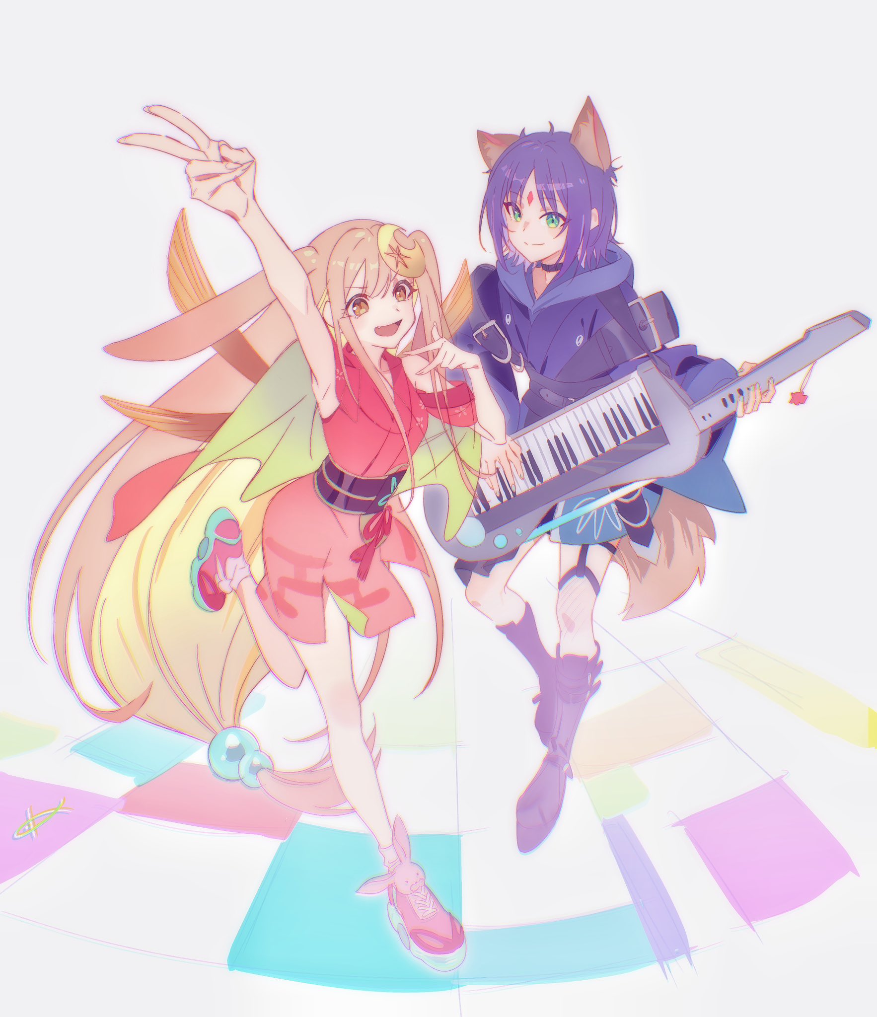 sakayori iroha, commentary request, highres, second-party source, 2girls, :d, animal ears, arm up, black boots, blonde hair, blue hoodie, boots, cho kaguya-hime!, crescent, crescent hair ornament, forehead jewel, full body, green eyes, hair ornament, holding, holding instrument, hood, hoodie, instrument, japanese clothes, kaguya (cho kaguya-hime!), keyboard (instrument), kimono, long hair, looking at another, looking at viewer, lop rabbit ears, low-tied long hair, multiple girls, open mouth, outstretched arm, purple hair, rabbit ears, red kimono, short hair, smile, standing, standing on one leg, v, very long hair, yuwei ren