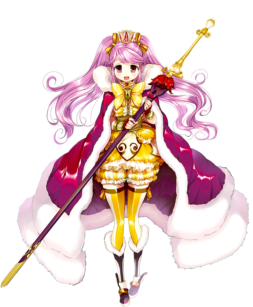 lilia (sennen sensou aigis), sennen sensou aigis, artist request, bad source, game cg, official art, third-party source, 1girl, boots, bow, breasts, crown, frills, full body, fur-trimmed boots, fur trim, hair bow, holding, holding staff, multiple hair bows, pink eyes, purple hair, solo, staff, teeth, transparent background, upper teeth only