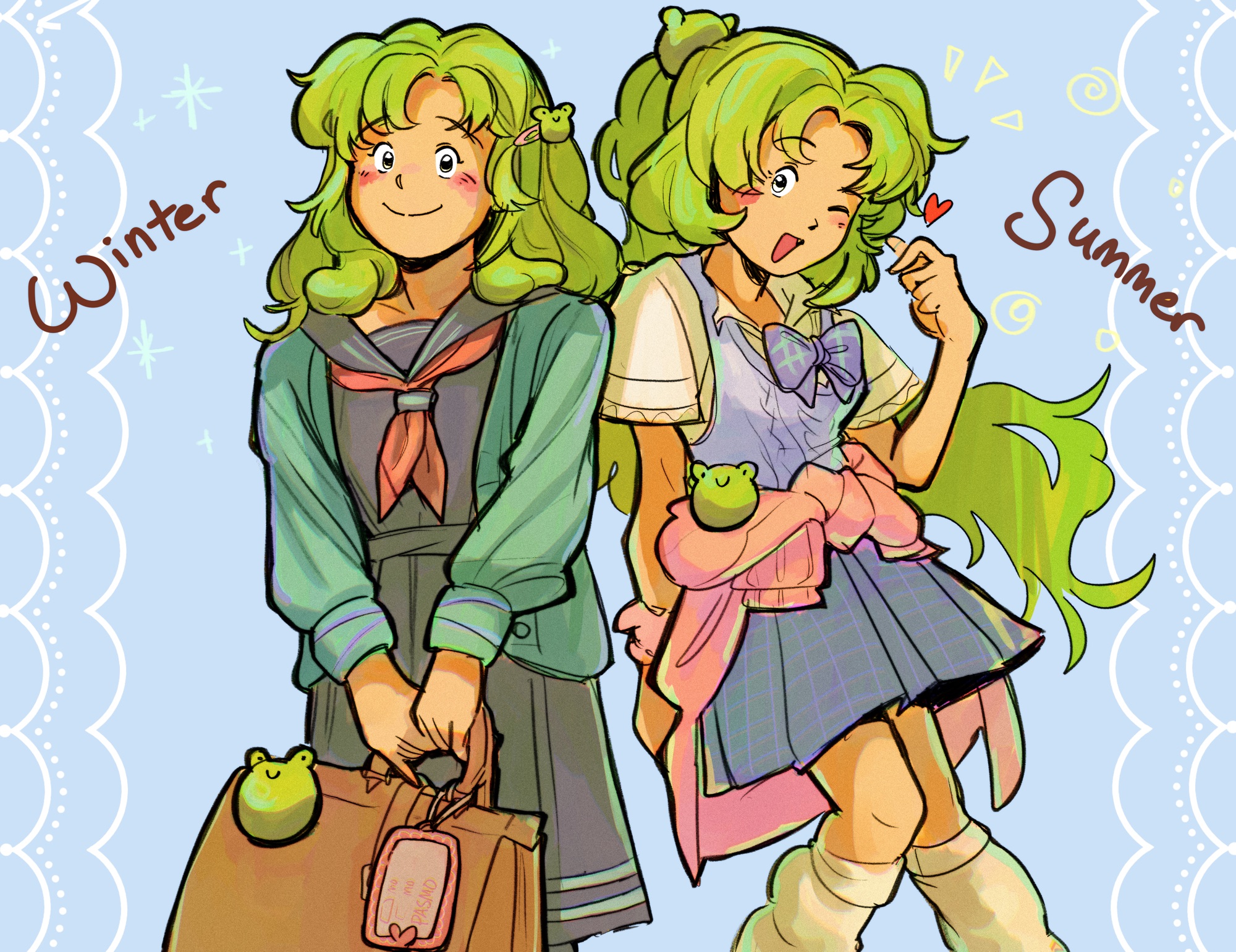 molly yancey, kochiya sanae, touhou, commentary, english commentary, highres, 1girl, alternate costume, alternate hairstyle, bag, black eyes, blue background, blue bow, blue bowtie, blue sailor collar, blue shirt, blue skirt, blue vest, blush, border, bow, bowtie, brown bag, closed mouth, clothes around waist, collarbone, cowboy shot, curtained hair, english text, feet out of frame, frog hair ornament, green hair, green jacket, green trim, hair ornament, hairpin, heart, high ponytail, holding, holding bag, jacket, jacket around waist, knees together feet apart, lace, lace border, long hair, long sleeves, looking at viewer, loose socks, multiple seasonal school uniforms, multiple views, neckerchief, notice lines, one eye closed, open mouth, ornate border, pink jacket, plaid bow, plaid bowtie, plaid clothes, plaid skirt, pleated skirt, ponytail, red neckerchief, sailor collar, school uniform, serafuku, shirt, short sleeves, simple background, skirt, smile, socks, sparkle, split mouth, summer uniform, vest, white border, white shirt, white socks, winter uniform