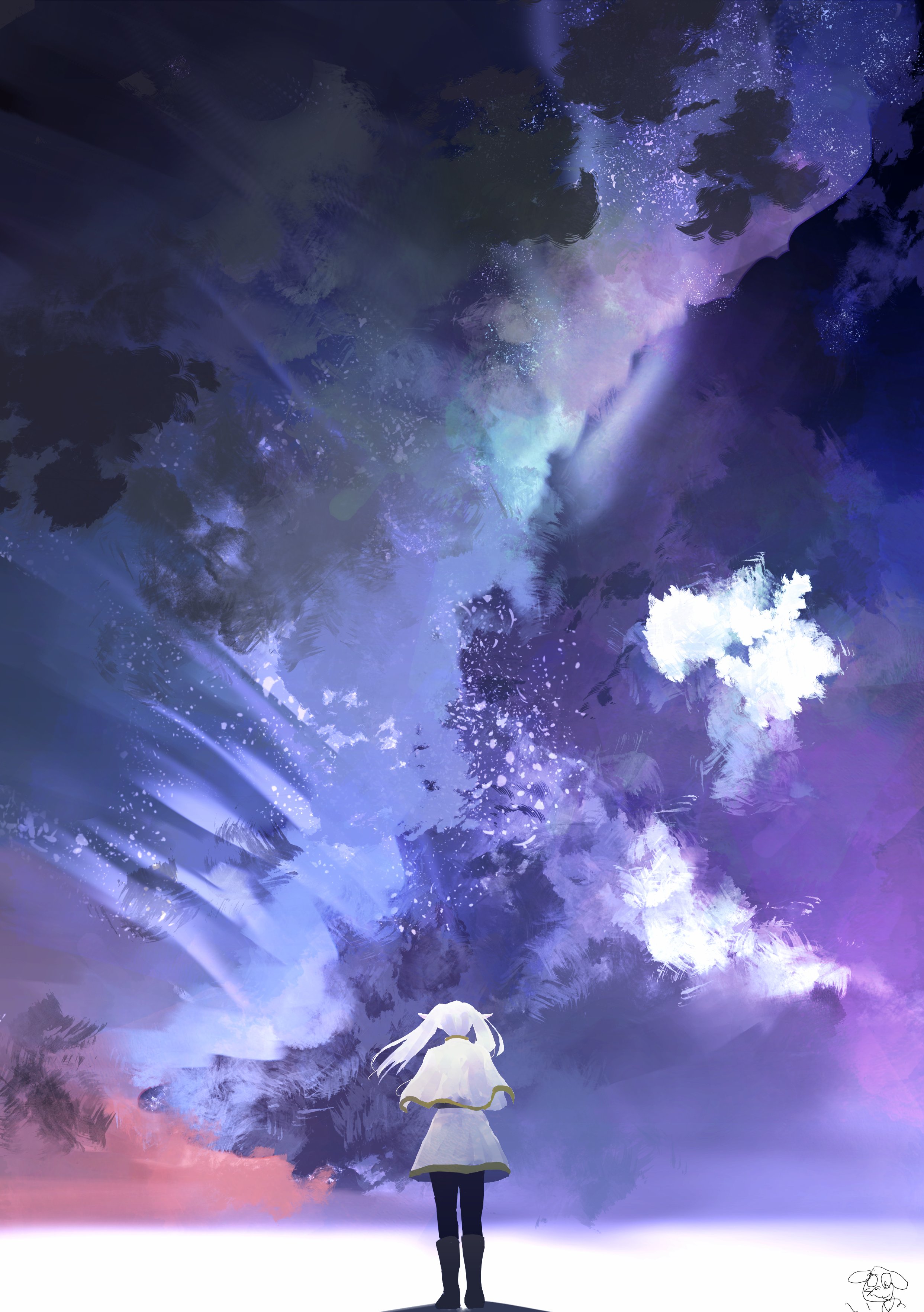 frieren, sousou no frieren, absurdres, highres, 1girl, black leggings, boots, capelet, elf, from behind, full body, gold trim, leggings, looking up, outdoors, pointy ears, pon2pin2, scenery, signature, sky, solo, standing, twintails, white capelet, white hair