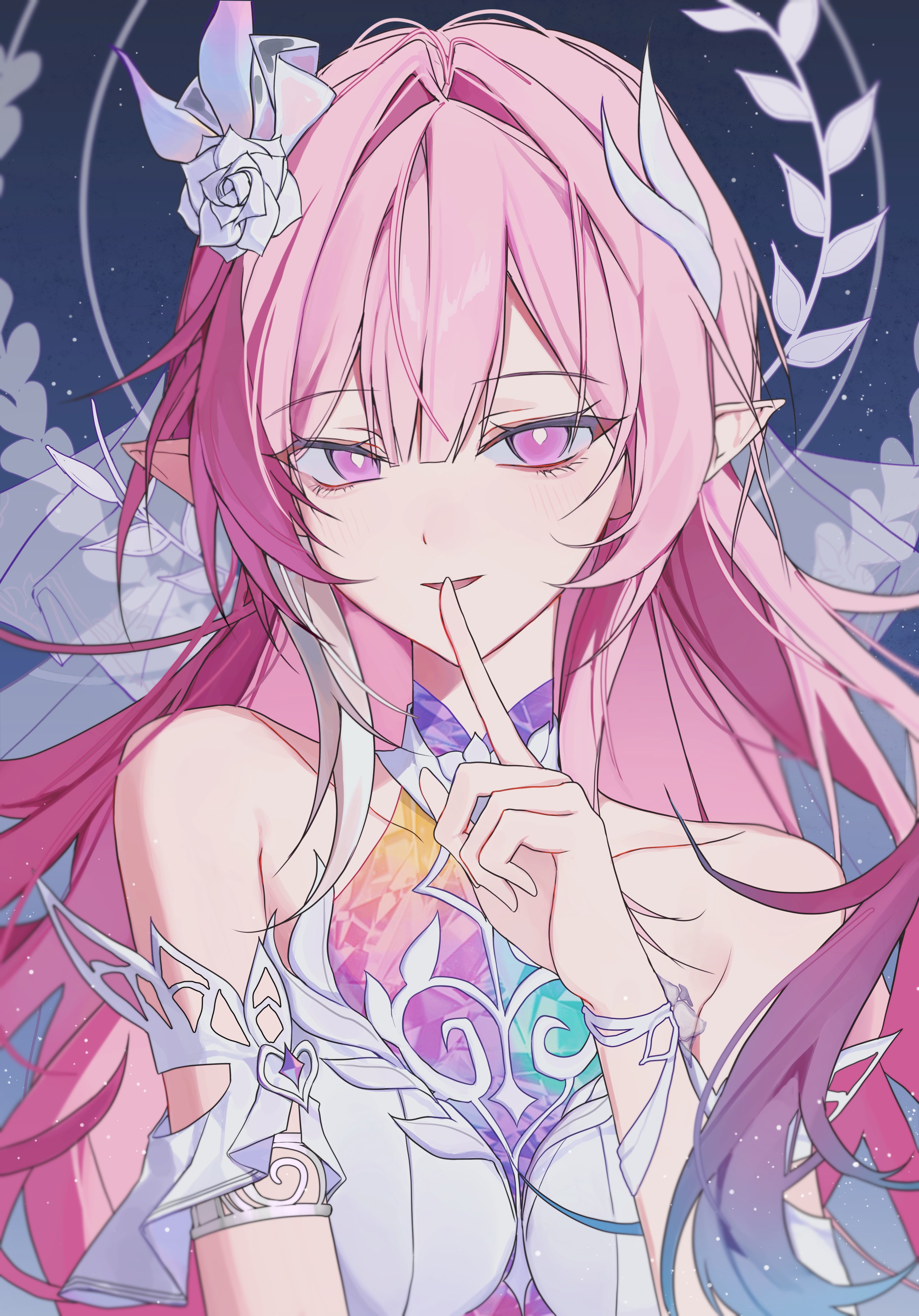 cyrene (demiurge) (honkai: star rail), cyrene (honkai: star rail), honkai: star rail, honkai (series), absurdres, hashtag-only commentary, highres, 1girl, bare shoulders, breasts, bridal veil, diamond-shaped pupils, diamond (shape), finger to mouth, flower, hair flower, hair ornament, halo, hyeto07, large breasts, long hair, looking at viewer, multicolored hair, pink hair, pointy ears, purple eyes, shushing, sky, solo, star (sky), starry sky, symbol-shaped pupils, two-tone hair, upper body, veil, very long hair, white hair