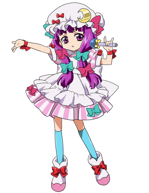 machiko (beard), patchouli knowledge, touhou, 1girl, female focus, full body, hat, idol, microphone, ribbon, shoes, simple background, solo, standing, white background