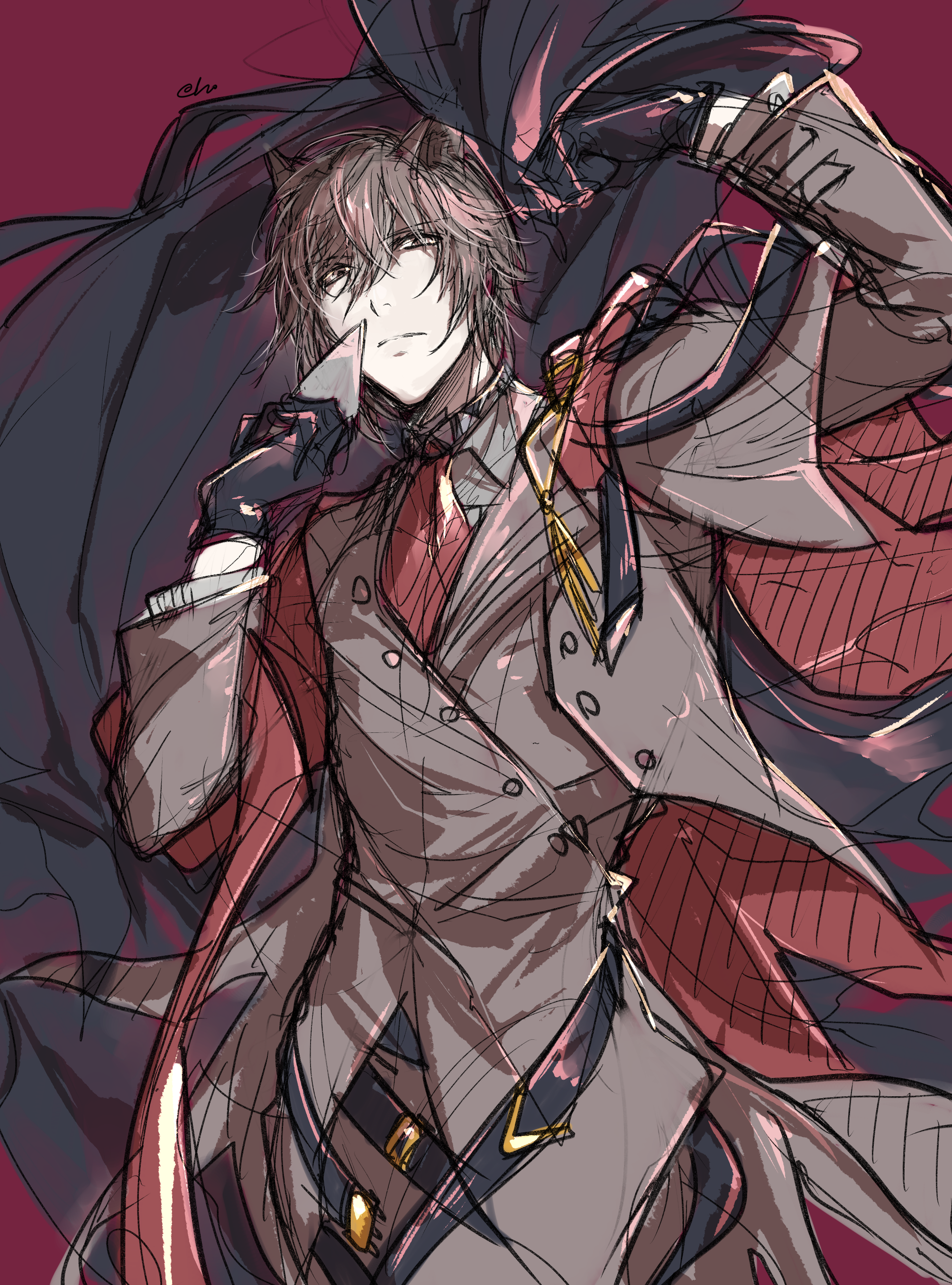 merry (secilhodoshima), phantom (arknights), phantom (dream within a dreammare) (arknights), arknights, absurdres, commentary request, highres, 1boy, animal ears, black gloves, black hair, black jacket, brown eyes, brown hair, cape, card, cat boy, cat ears, closed mouth, collared shirt, formal clothes, gloves, grey shirt, hair between eyes, holding, jacket, long sleeves, looking at viewer, male focus, necktie, pants, red background, red necktie, shirt, simple background, solo, suit