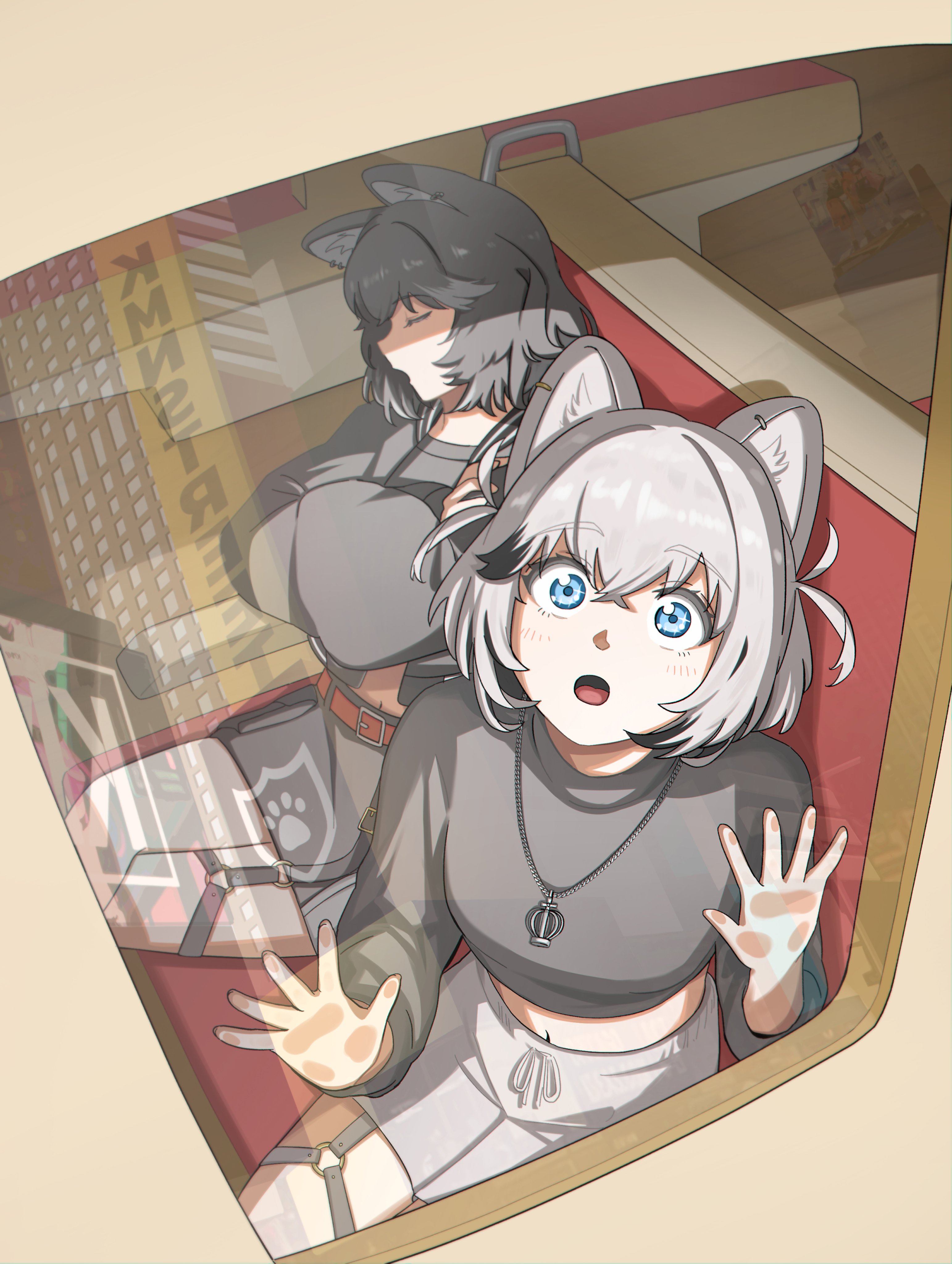 itsumeee3, nero (kmnz), tina (kmnz), kmnz, absurdres, commentary, english commentary, highres, 2girls, :o, against glass, animal ears, black hair, black shirt, black skirt, blue eyes, breasts, closed eyes, crossed arms, dog ears, dog girl, grey hair, grey shorts, hand on glass, jewelry, medium breasts, medium hair, midriff peek, multicolored hair, multiple girls, navel, necklace, open mouth, reflection, shirt, shorts, sitting, skirt, sleeping, two-tone hair, virtual youtuber