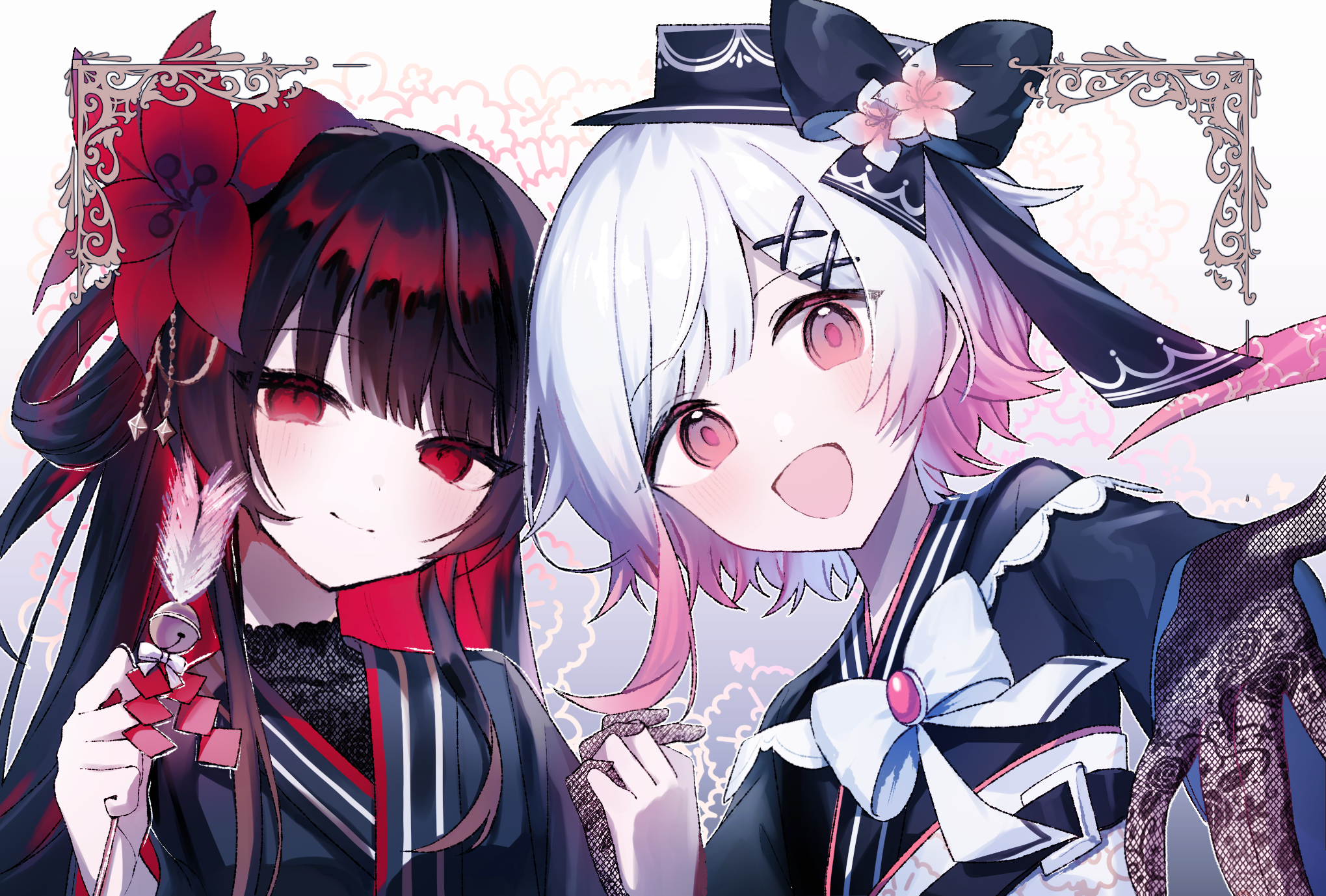 lennonrine, nikaido hiro, sakuraba ema, mahou shoujo no majo saiban, commentary request, highres, 2girls, :d, alternate costume, alternate hairstyle, arrow (projectile), black gloves, black hair, black hat, black kimono, border, closed mouth, flower, gloves, gradient hair, hair flower, hair ornament, hair rings, hamaya, hat, holding, holding arrow, holding hands, interlocked fingers, japanese clothes, kimono, long hair, long sleeves, looking at viewer, multicolored hair, multiple girls, open mouth, ornate border, pink eyes, pink hair, red eyes, red flower, short hair, smile, upper body, white flower, white hair, x hair ornament