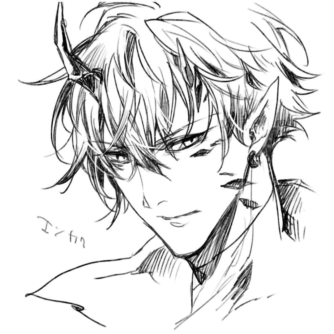 merry (secilhodoshima), flamebringer (arknights), arknights, commentary request, 1boy, bishounen, closed mouth, earrings, greyscale, hair between eyes, horns, jewelry, looking at viewer, male focus, material growth, monochrome, oripathy lesion (arknights), parted lips, pointy ears, portrait, short hair, simple background, sketch, solo, white background