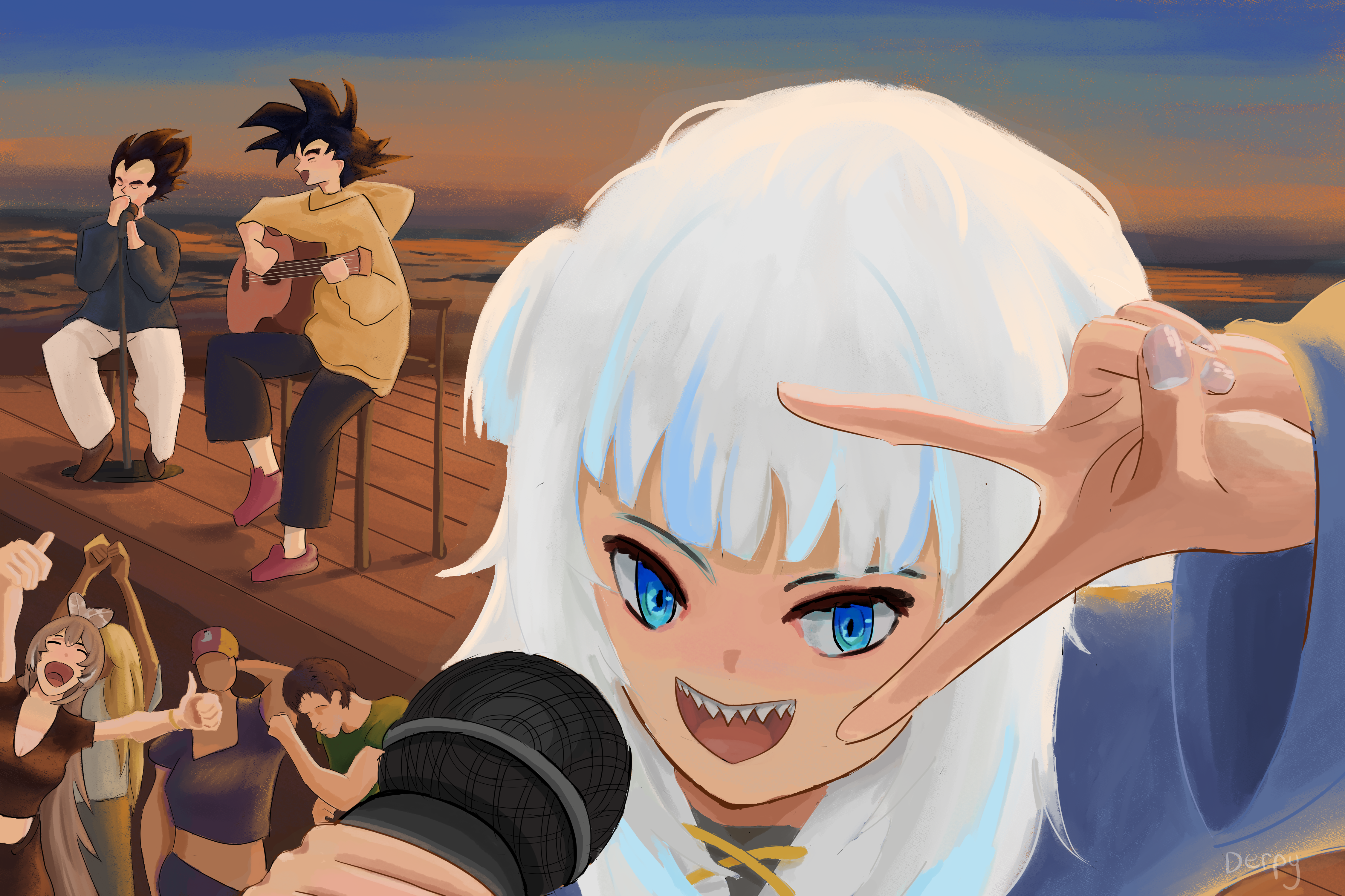 gawr gura, nanashi mumei, son goku, vegeta, dragon ball, dragonball z, hololive, hololive english, absurdres, commentary, english commentary, highres, beach, blue eyes, blue skirt, concert, crowd, feathers, guitar, hood, hoodie, instrument, microphone, pants, saiyan, sharp teeth, skirt, teeth, white hair, white pants