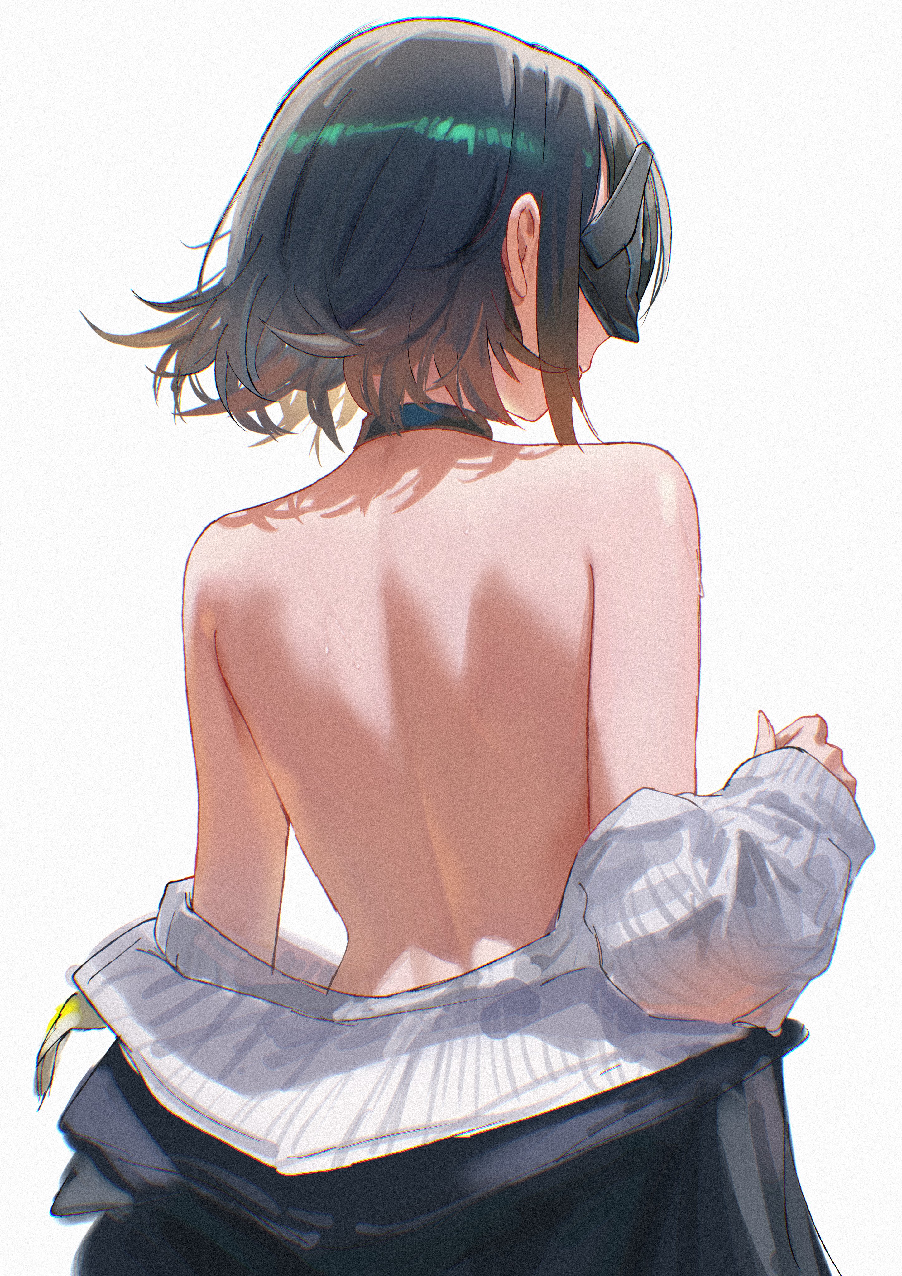 uof, endministrator (arknights), female endministrator (arknights), arknights, arknights: endfield, absurdres, commentary, english commentary, highres, 1girl, back, back focus, bare back, black choker, black coat, black hair, choker, coat, eye mask, from behind, grey sweater, mask, partially undressed, short hair, simple background, solo, sweat, sweater, topless female, upper body, white background