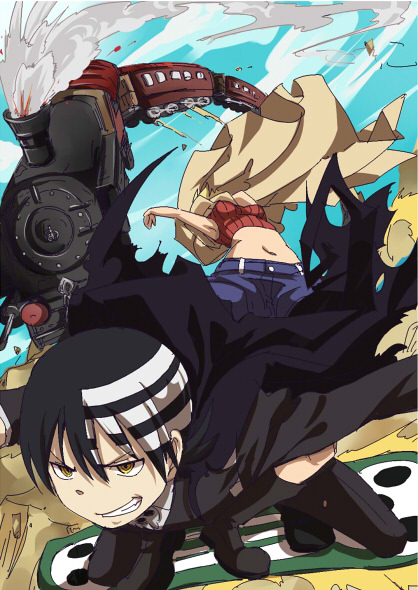 shuri (84k), death the kid, patricia thompson, soul eater, 00s, 1boy, 1girl, cape, hoverboard, locomotive, midriff, skateboard, steam locomotive, train, yellow eyes