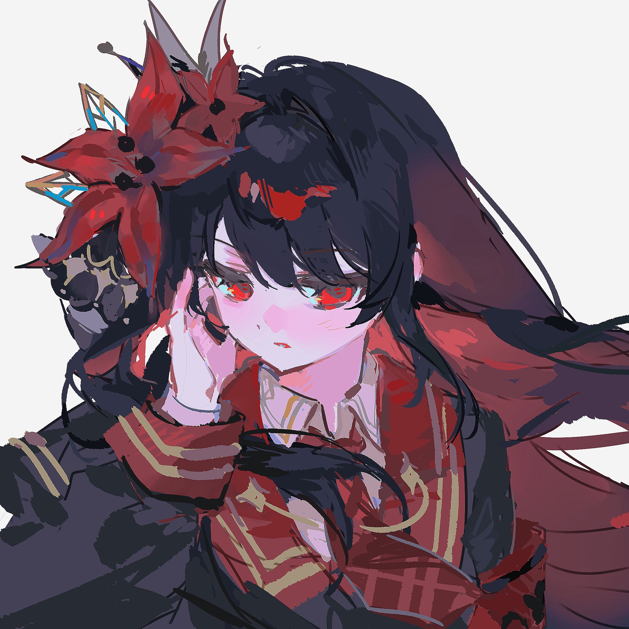 nikaido hiro, mahou shoujo no majo saiban, highres, 1girl, black hair, black shirt, collared shirt, flower, grey background, guotang (strawberry-ies), hair flower, hair ornament, hand up, long hair, long sleeves, looking at viewer, necktie, parted lips, red eyes, red flower, red necktie, shirt, simple background, solo, upper body, white background