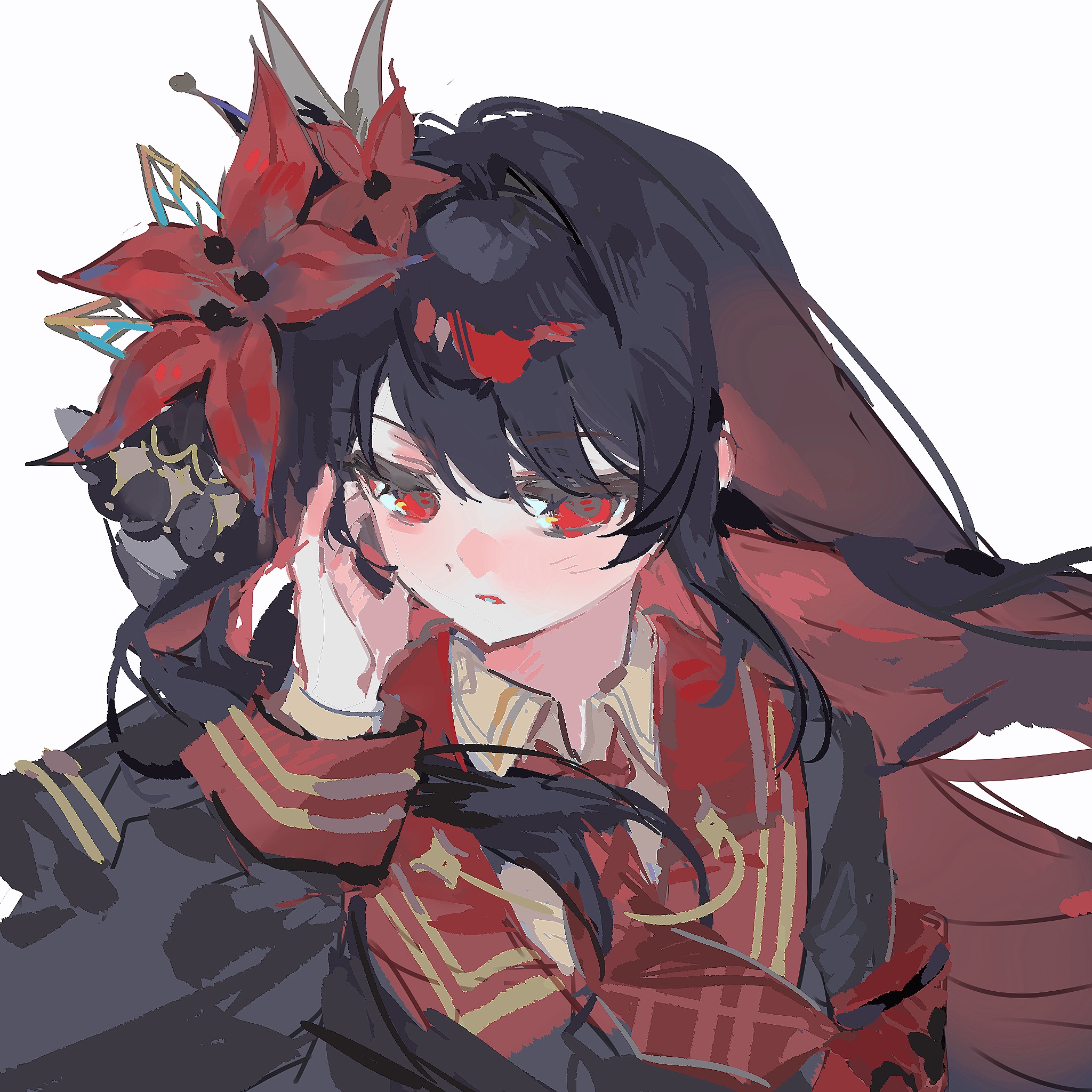 nikaido hiro, mahou shoujo no majo saiban, highres, 1girl, black hair, black shirt, collared shirt, flower, grey background, guotang (strawberry-ies), hair flower, hair ornament, hand up, long hair, long sleeves, looking at viewer, necktie, parted lips, red eyes, red flower, red necktie, shirt, simple background, solo, upper body, white background