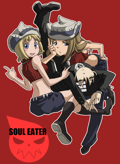 shuri (84k), death the kid, elizabeth thompson, patricia thompson, soul eater, 00s, 1boy, 2girls, black hair, blonde hair, blue eyes, bolo tie, copyright name, hat, midriff, multiple girls, necktie, pants, shorts, siblings, sisters, yellow eyes