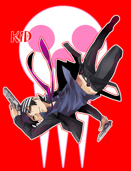 shuri (84k), death the kid, soul eater, 00s, 1boy, black hair, dual wielding, gun, holding, male focus, midriff, navel, necktie, solo, weapon, yellow eyes