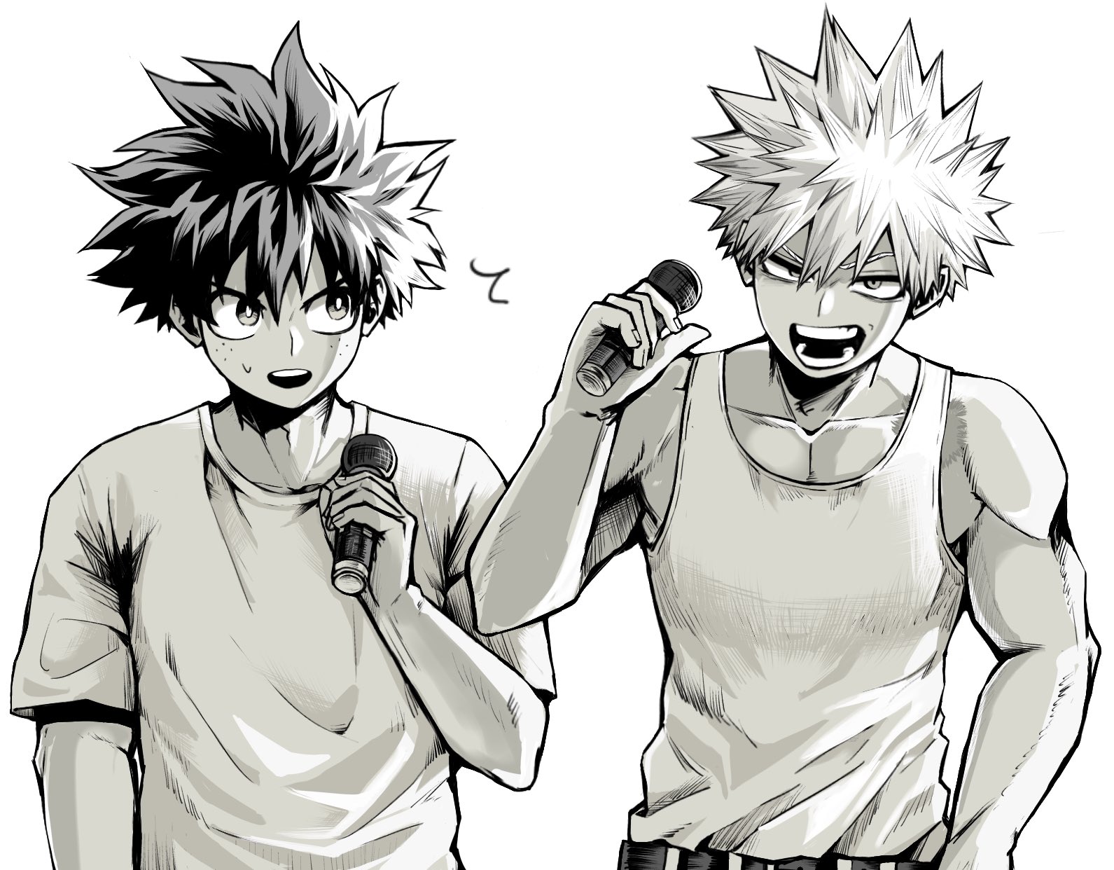 bakugou katsuki, midoriya izuku, boku no hero academia, commentary request, highres, 2boys, arm up, belt, collarbone, crew neck, double-parted bangs, hair between eyes, holding, holding microphone, looking at viewer, looking to the side, male focus, microphone, multiple boys, shirt, shirt tucked in, short hair, short sleeves, sideways glance, simple background, spiked hair, sweatdrop, t-shirt, tank top, upper body, use zeinuki, white background