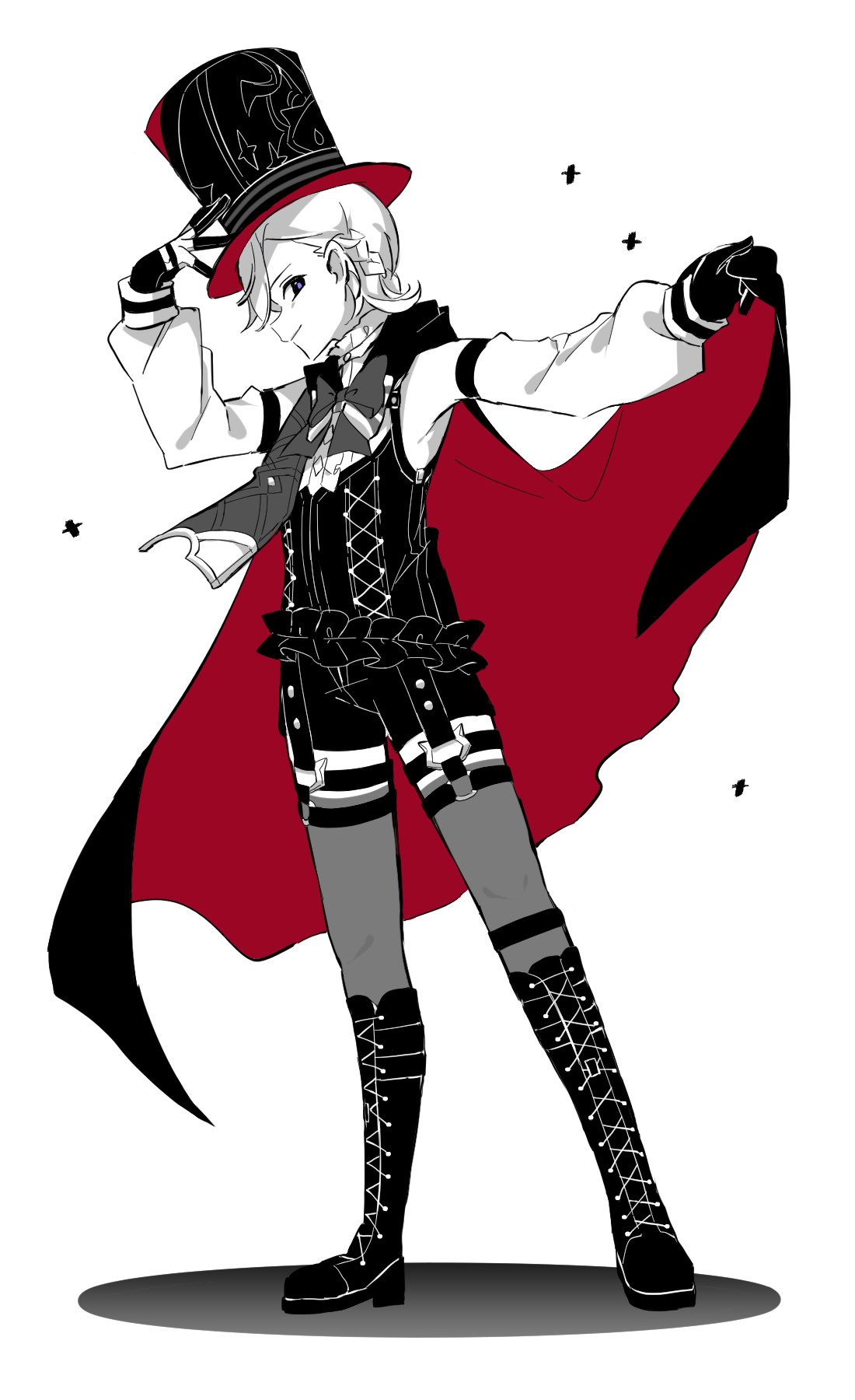 nekorin chu, lyney (genshin impact), genshin impact, commentary request, highres, 1boy, black cape, boots, bow, bowtie, braid, buttons, cape, center frills, closed mouth, corset, detached sleeves, drop shadow, frilled shirt collar, frills, gloves, hand up, hat, lace-up boots, long sleeves, looking at viewer, male focus, multicolored gloves, o-ring, o-ring thigh strap, outstretched arm, parted bangs, red cape, shirt, short hair, short shorts, shorts, simple background, sleeveless, sleeveless shirt, smile, solo, spot color, standing, swept bangs, thigh strap, thighhighs, top hat, two-sided cape, two-sided fabric, two-tone gloves, white background