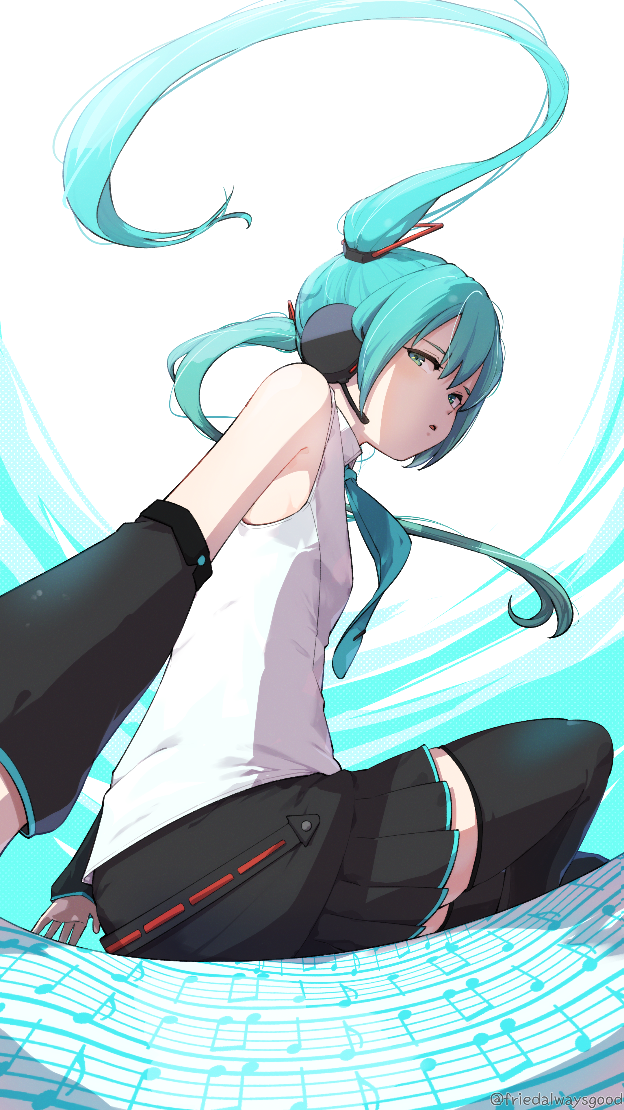 fcgc (friedalwaysgood), hatsune miku, vocaloid, absurdres, commentary request, highres, 1girl, aqua hair, black skirt, black thighhighs, detached sleeves, fisheye, long hair, looking at viewer, miniskirt, musical note, musical staff, shirt, sitting, skirt, sleeveless, sleeveless shirt, solo, thighhighs, twintails, white shirt