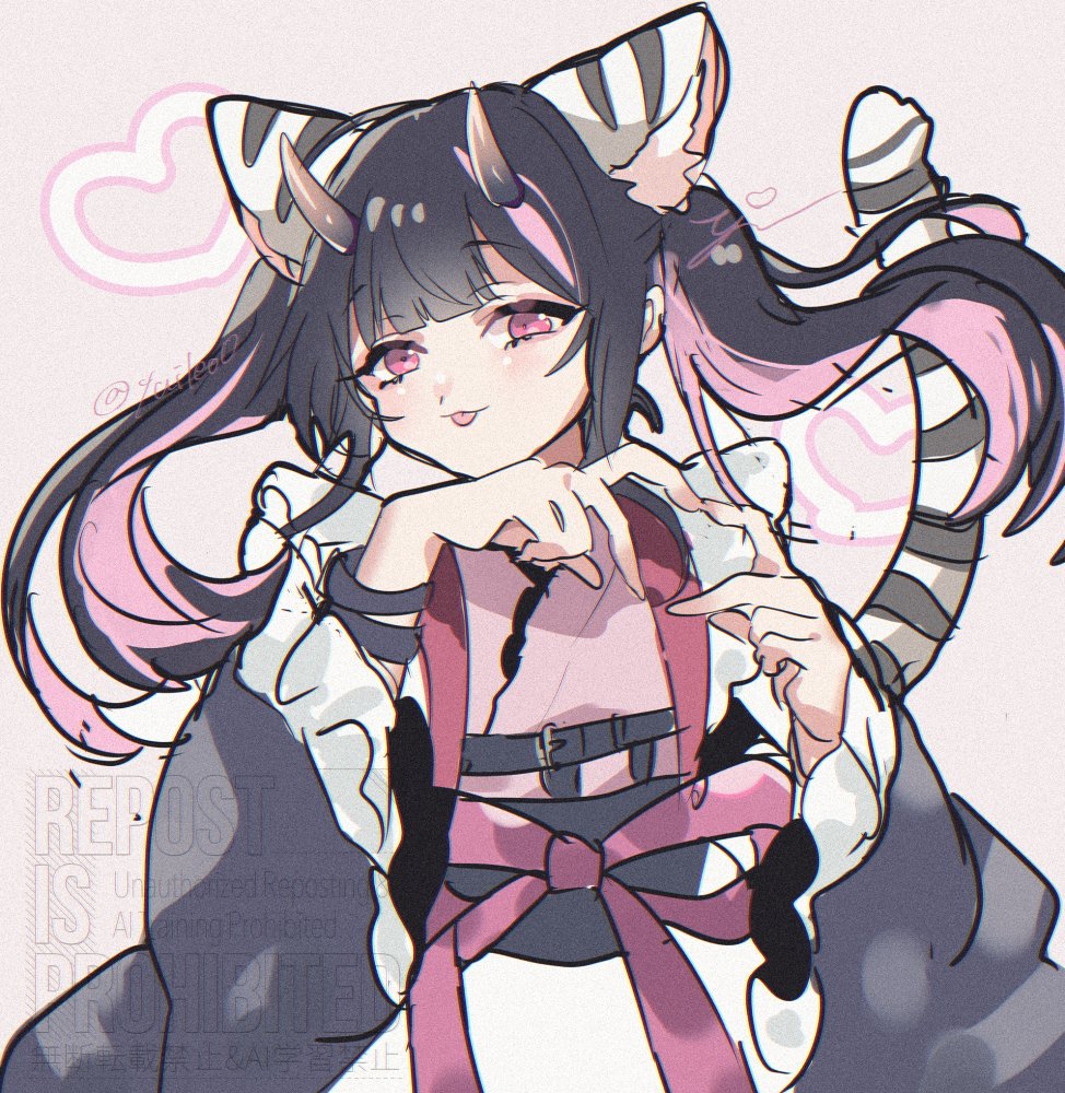 yuileo0, komazawa noi, commentary request, 1boy, :p, animal ear fluff, animal ears, black hair, blunt bangs, cho kaguya-hime!, closed mouth, cowboy shot, crossdressing, crossdressing (mtf), frilled kimono, frills, hands up, heart, heart hands, horns, japanese clothes, kimono, long hair, long sleeves, looking at viewer, male focus, multicolored hair, pink background, pink eyes, pink kimono, smile, solo, streaked hair, tail, tiger ears, tiger tail, tongue, tongue out, trap, twintails