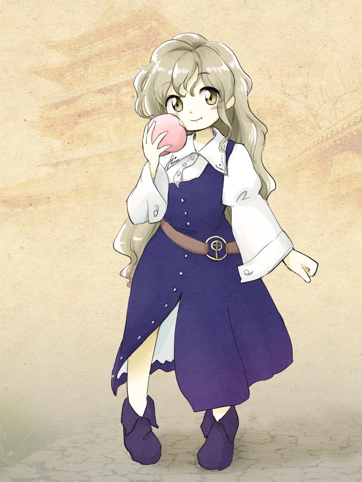 itatatata, watatsuki no toyohime, touhou, commentary request, hashtag-only commentary, 1girl, belt, blonde hair, blue dress, blue shoes, blush, brown background, brown belt, brown eyes, building, collared shirt, dress, eating, food, fruit, full body, holding, holding food, holding fruit, long sleeves, no headwear, o-ring, o-ring belt, peach, photo background, shirt, shoes, smile, solo, tower, white shirt, zun (style)