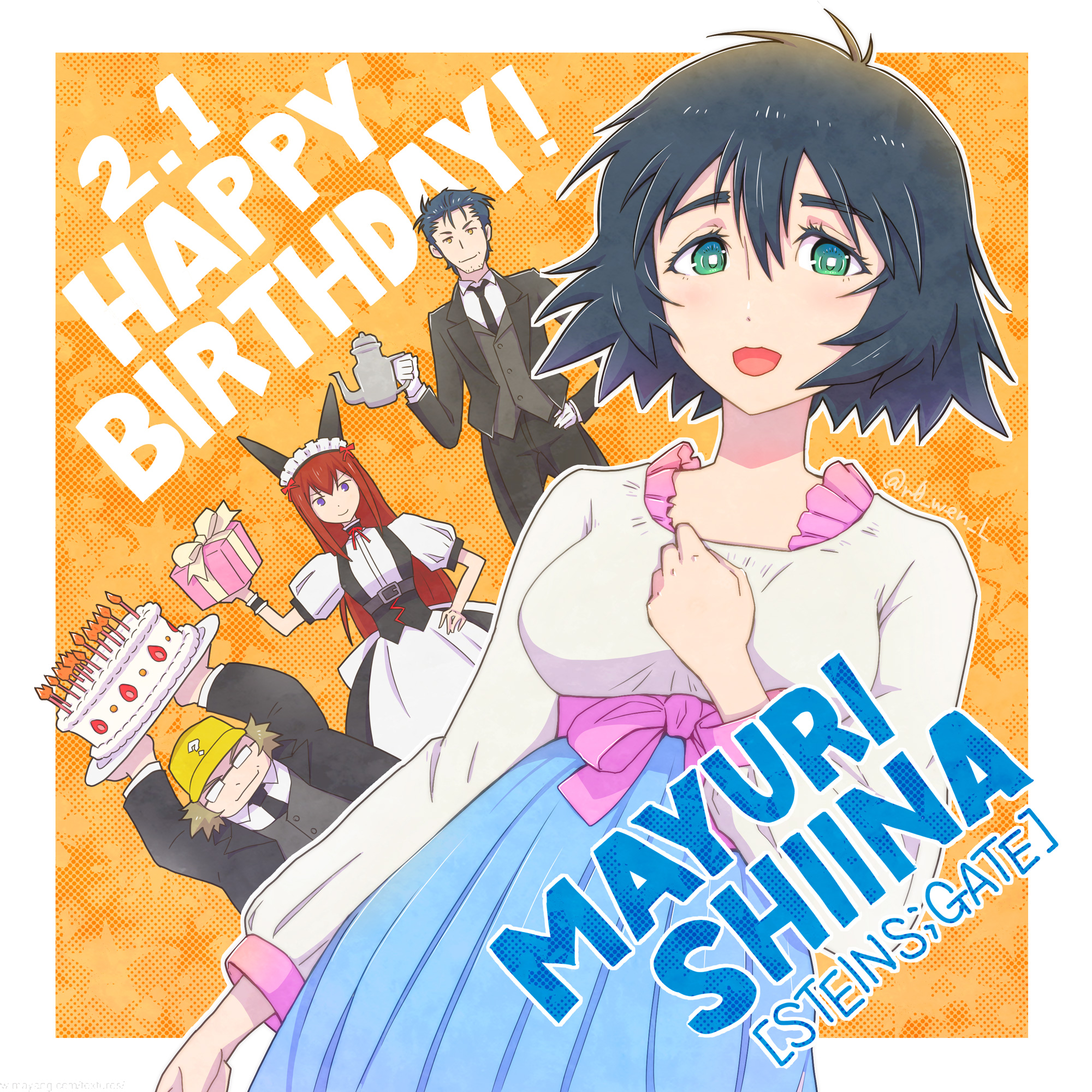 hashida itaru, makise kurisu, okabe rintarou, shiina mayuri, science adventure, steins;gate, steins;gate 0, commentary request, highres, 2boys, 2girls, alternate costume, animal ears, aqua eyes, beard stubble, black hair, blue skirt, bob cut, brown hair, butler, collar, enbutlered, english text, enmaided, facial hair, fake animal ears, frilled collar, frills, hair between eyes, hand on own chest, happy birthday, hat, high-waist skirt, long hair, looking at viewer, maid, mayqueen maid uniform, multiple boys, multiple girls, necktie, open mouth, pink collar, pink sash, pink trim, pleated skirt, puffy short sleeves, puffy sleeves, purple eyes, r0 wen l, ringed eyes, sash, shirt, short hair, short sleeves, skirt, smile, stubble, tail, very long tail, very short hair, vest, waist sash, white shirt, winter clothes, yellow hat