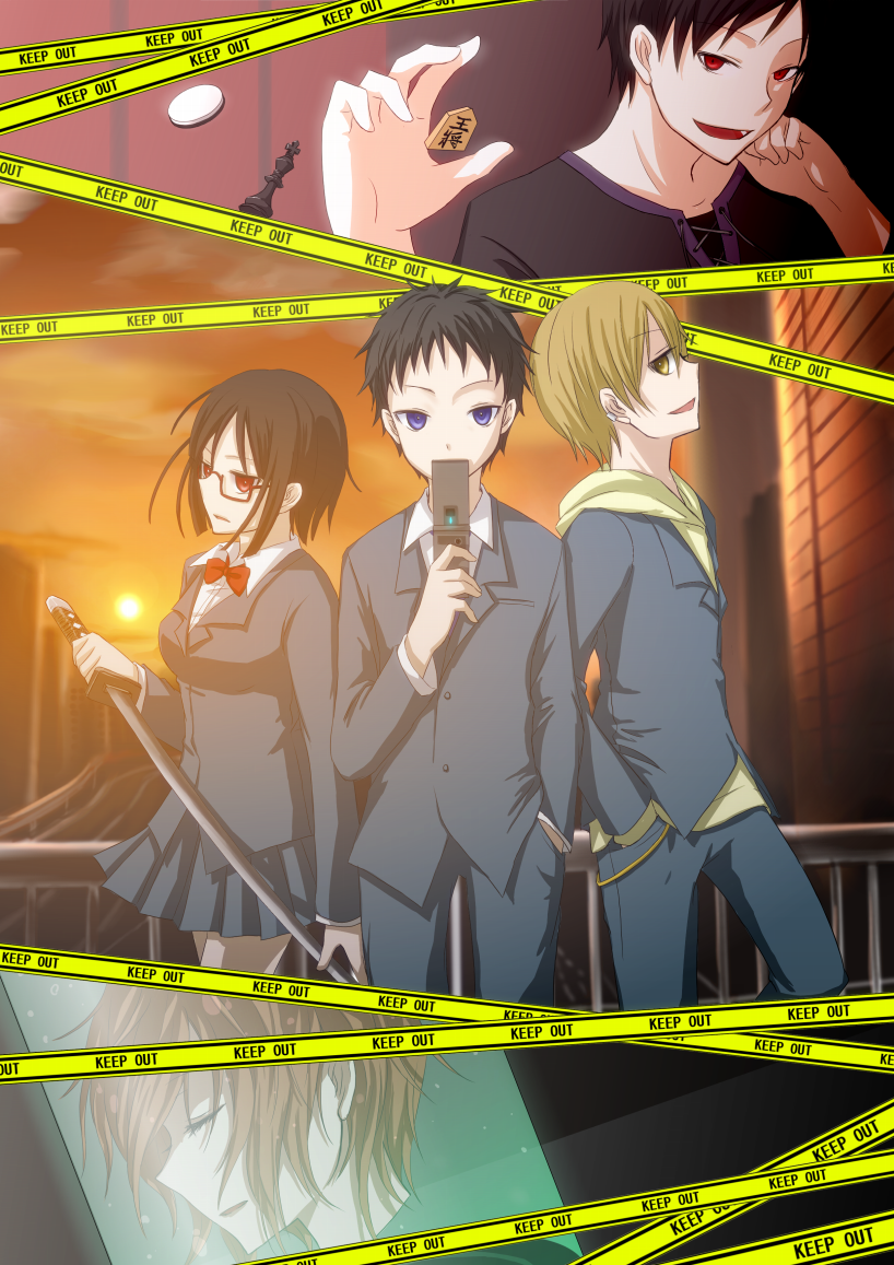 shuu (syuuuuuuuuuu), celty sturluson, kida masaomi, orihara izaya, ryuugamine mikado, sonohara anri, durarara!!, head, 2girls, 3boys, black hair, blonde hair, blue eyes, board game, bob cut, breasts, caution tape, cellphone, chess piece, coat, dullahan, keep out, multiple boys, multiple girls, phone, pleated skirt, red eyes, red hair, school uniform, shogi, short hair, skirt, sunset, sword, weapon, yellow eyes