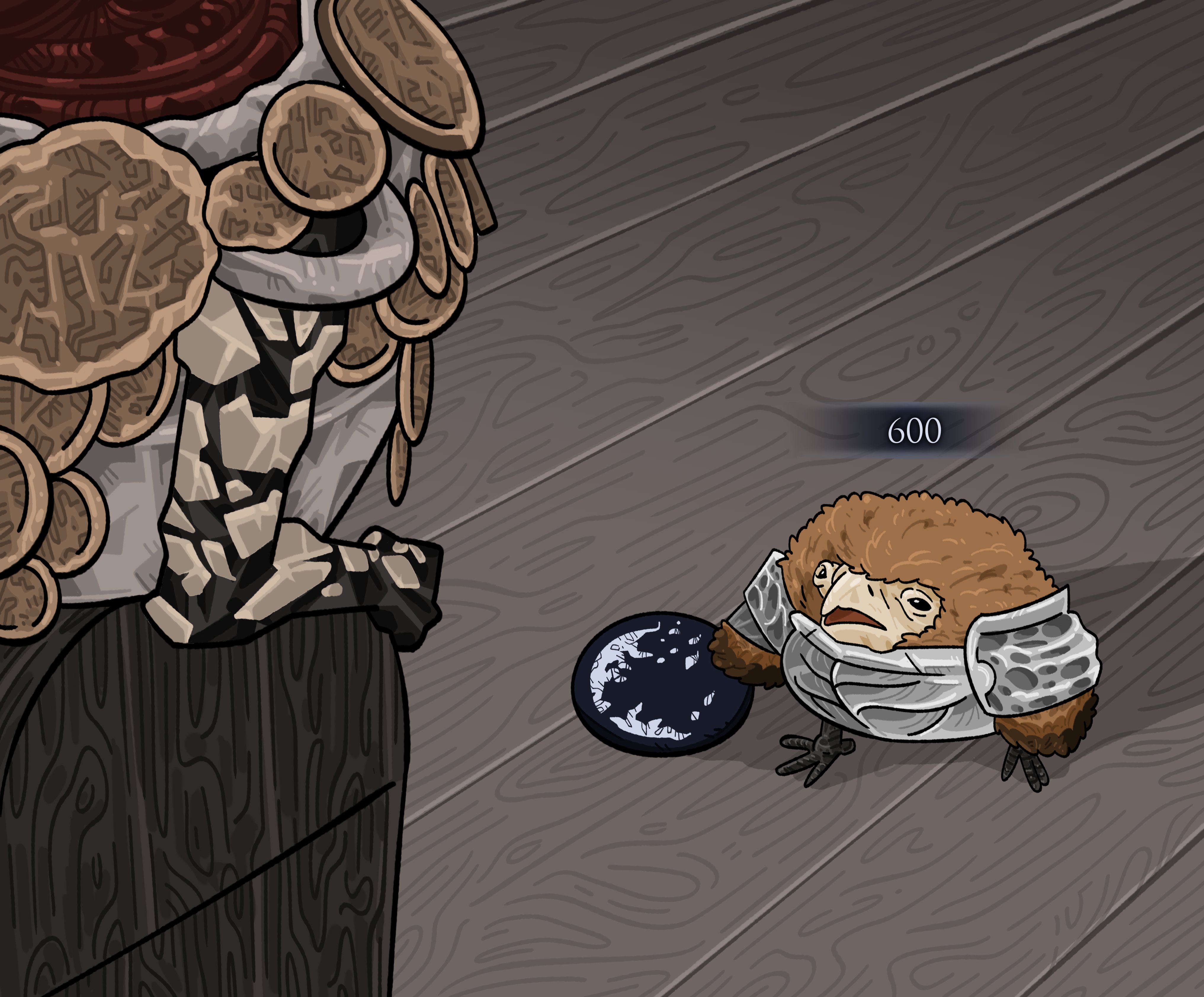 chun grandfa, guardian (elden ring), living jar (elden ring), elden ring, elden ring nightreign, absurdres, commentary, english commentary, highres, 1boy, 1other, armor, beak, bird, bird boy, black eyes, chibi, floor, gameplay mechanics, open mouth, talons, user interface, wings, wooden floor