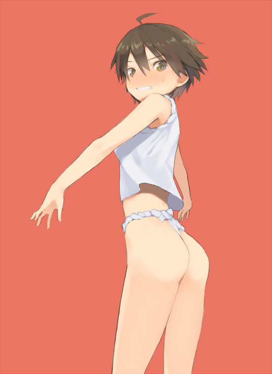 nanaichi, nao (dream c club), dream c club, dream c club (series), 1girl, ass, blush, brown eyes, brown hair, embarrassed, female focus, fundoshi, japanese clothes, looking back, mizu happi, short hair, solo