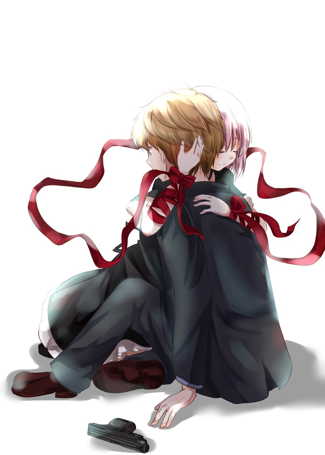 kurage (kurage19), kagari (rewrite), tennouji kotarou, rewrite, commentary, highres, 1boy, 1girl, arm at side, arm ribbon, backlighting, black choker, black dress, black jacket, black pants, bow, choker, closed eyes, closed mouth, dress, frilled dress, frills, from side, full body, grey hair, gun, hand on another's back, hand on another's head, handgun, hug, jacket, knees up, long ribbon, long sleeves, orange eyes, orange hair, pants, profile, red bow, red ribbon, ribbon, short hair, short sleeves, simple background, sitting, smile, spiked hair, split mouth, weapon, white background, wrist bow
