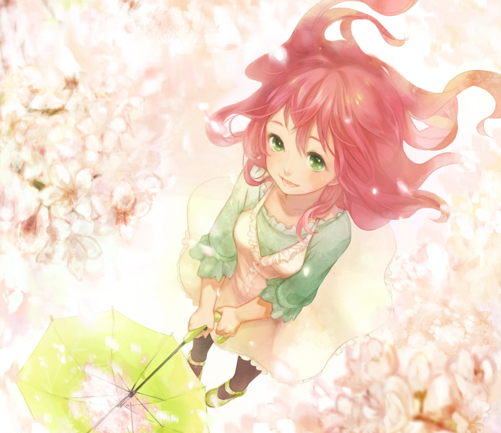 akitomo, kasumi (hitokuri), bad id, bad pixiv id, 1girl, blush, cherry blossoms, dress, female focus, green eyes, happy, long hair, petals, red hair, solo, umbrella