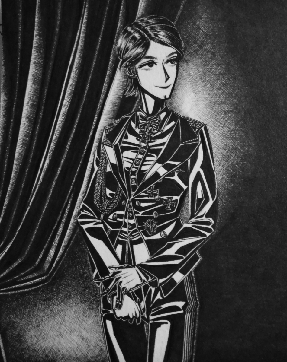 bordfunker133, original, real life, commentary request, highres, photo (medium), 1girl, aiguillette, black jacket, black pants, breasts, chin dimple, cowboy shot, cross, dress shirt, gloves, greyscale, iron cross, jacket, looking to the side, luftwaffe, medal, military uniform, monochrome, pants, schuck-chan (bordfunker133), shirt, short hair, shoulder boards, small breasts, smile, soldier, solo, swastika, walter schuck, world war ii