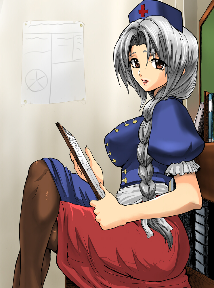 erugiza, yagokoro eirin, touhou, silver hair, bad id, bad pixiv id, 1girl, braid, breasts, crossed legs, female focus, hat, indoors, long hair, pantyhose, red eyes, sitting, solo