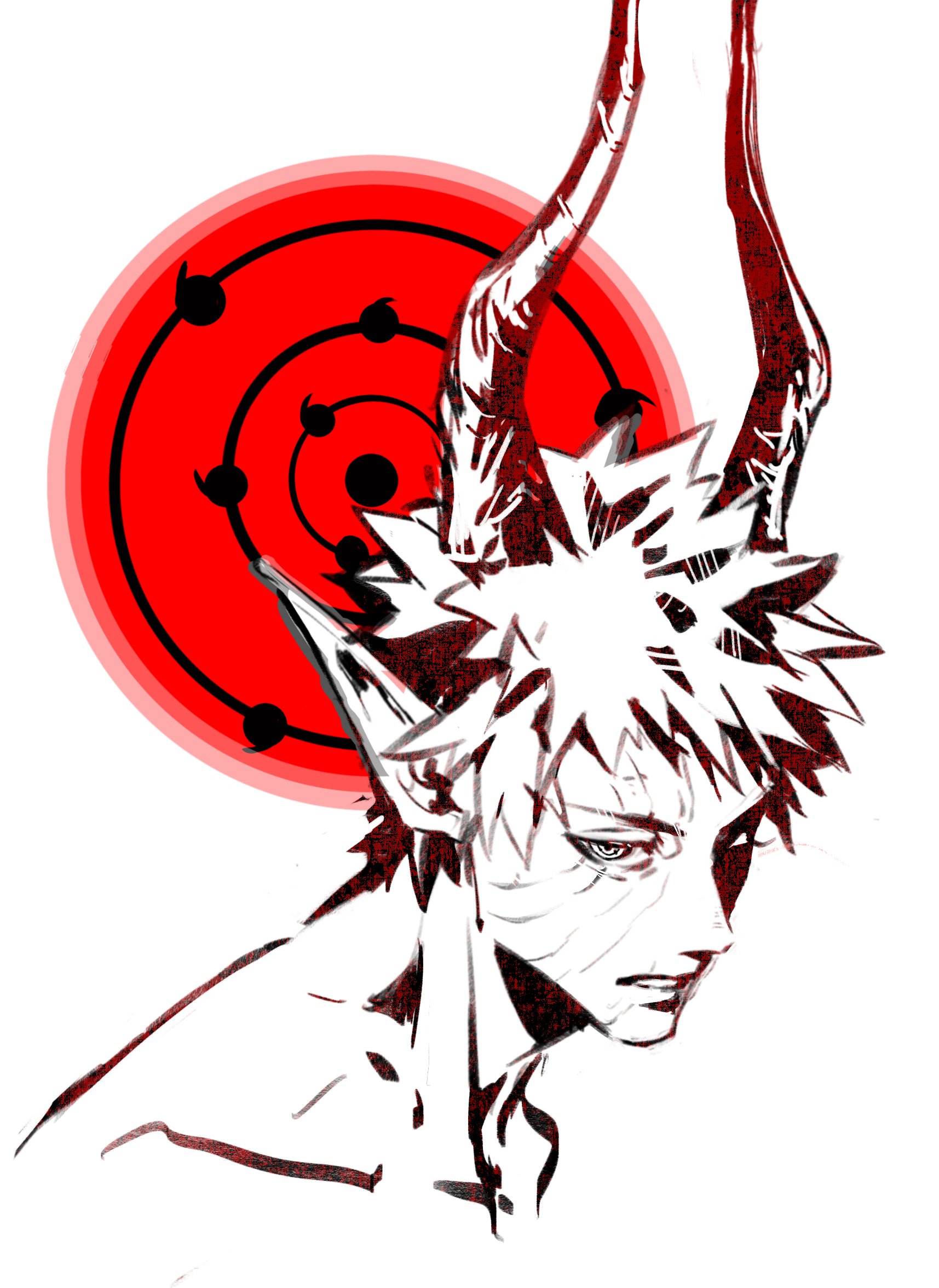 momoyoru1, uchiha obito, naruto (series), naruto shippuuden, commentary, highres, 1boy, horns, long pointy ears, looking at viewer, male focus, pointy ears, scar, scar on face, sharingan, short hair, simple background, solo, white background