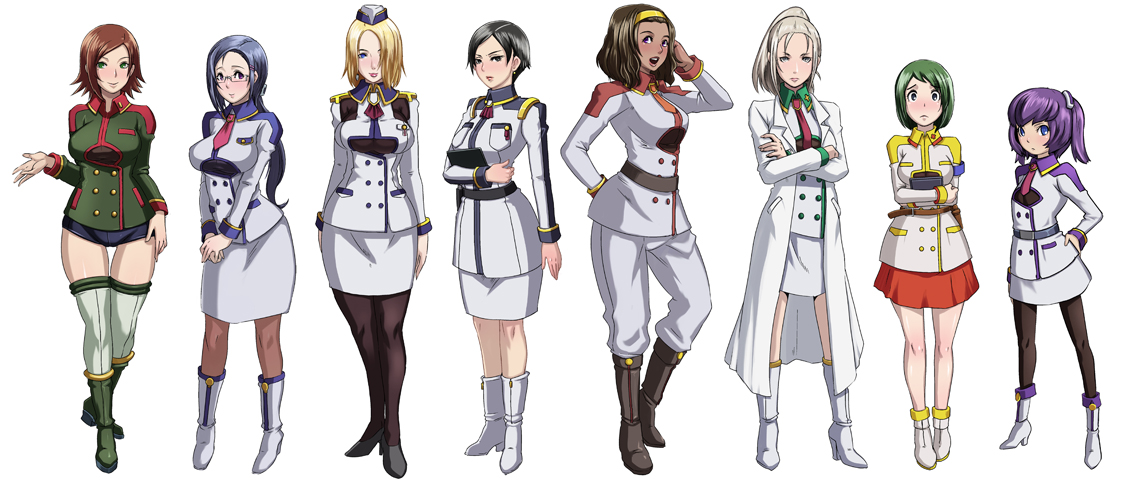 butcha-u, aoi cameron, lissa weaver, liz glover, mako scott, mina mctiernan, rail schwartz, reiko amamiya, sigourney fincher, injuu kangoku, brown legwear, green legwear, silver hair, uniform, official art, 6+girls, :<, :d, adjusting hair, age difference, ankle boots, armband, ascot, belt, black eyes, black hair, black socks, blonde hair, blue eyes, blue hair, blush, boots, breasts, breasts squeezed together, brown hair, buttons, clipboard, coat, crossed arms, crossed legs, curvy, dark-skinned female, dark skin, doctor, earrings, female focus, flat chest, full body, garrison cap, glasses, green eyes, green hair, grey eyes, hair ornament, hair over one eye, hairband, hairclip, hand on own hip, hat, height difference, high collar, high heels, holding, jewelry, knee boots, kneehighs, lab coat, large breasts, light smile, lineup, lipstick, long hair, looking at viewer, makeup, mature female, miniskirt, mole, mole under eye, multiple girls, necktie, nurse, open clothes, open coat, open mouth, outstretched hand, pants, pantyhose, pencil skirt, pleated skirt, ponytail, purple eyes, purple hair, semi-rimless eyewear, shoes, short hair, short shorts, short twintails, shorts, simple background, skirt, smile, socks, spiked hair, standing, swept bangs, thigh gap, thighhighs, twintails, under-rim eyewear, v arms, white background, wide hips